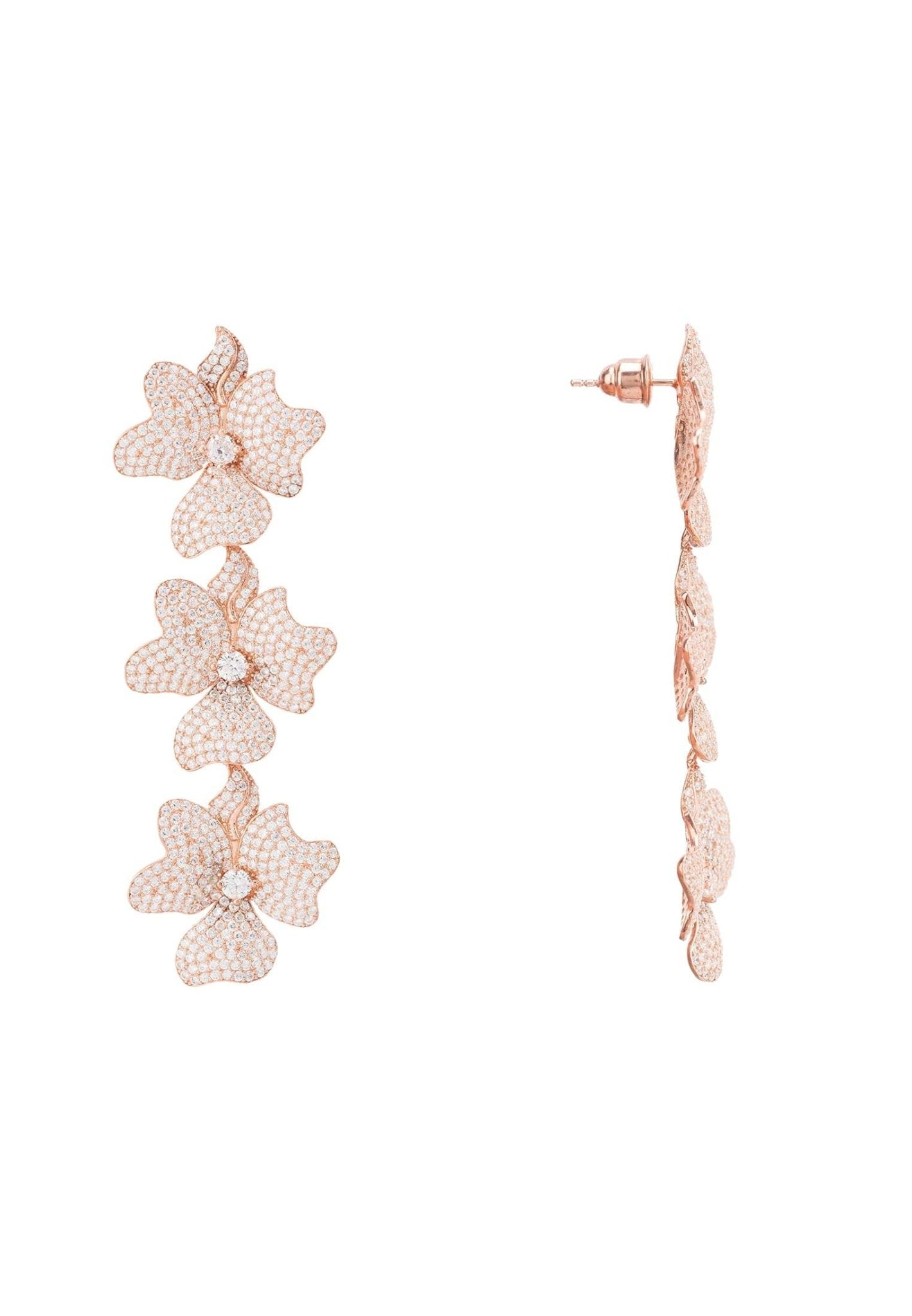 Jasmine Flower Triple Drop Earrings in Rosegold featuring three floral designs adorned with sparkling cubic zirconia.