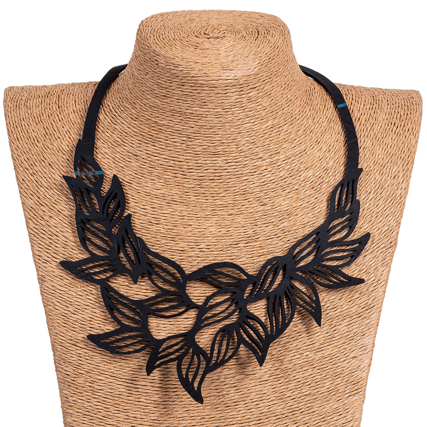 Jasmine Recycled Rubber Necklace handcrafted from reclaimed tyre inner tubes, featuring unique patterns and a comfortable design.