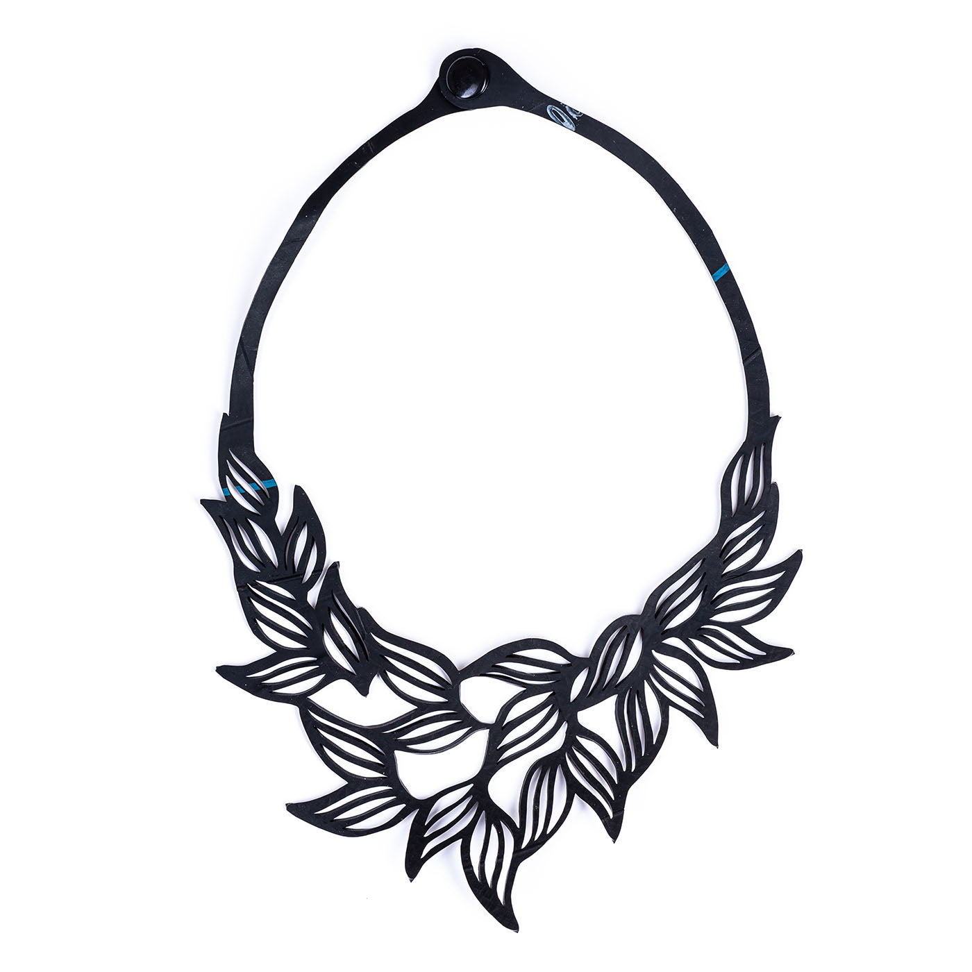 Jasmine Recycled Rubber Necklace handcrafted from reclaimed tyre inner tubes, featuring unique patterns and a comfortable design.