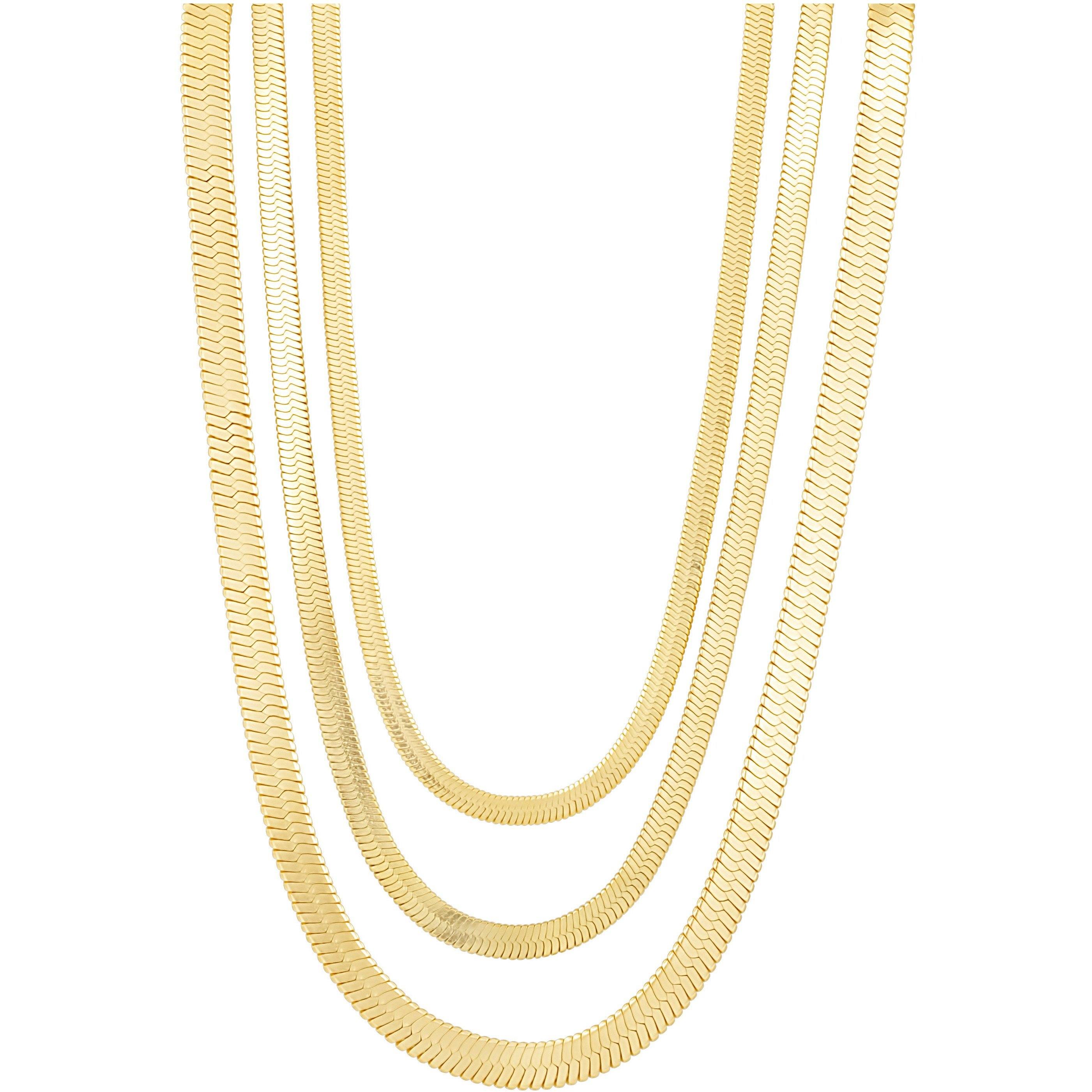 The Jax Necklace featuring 18k gold plating, adjustable length, and available in multiple widths, elegantly displayed on a soft background.