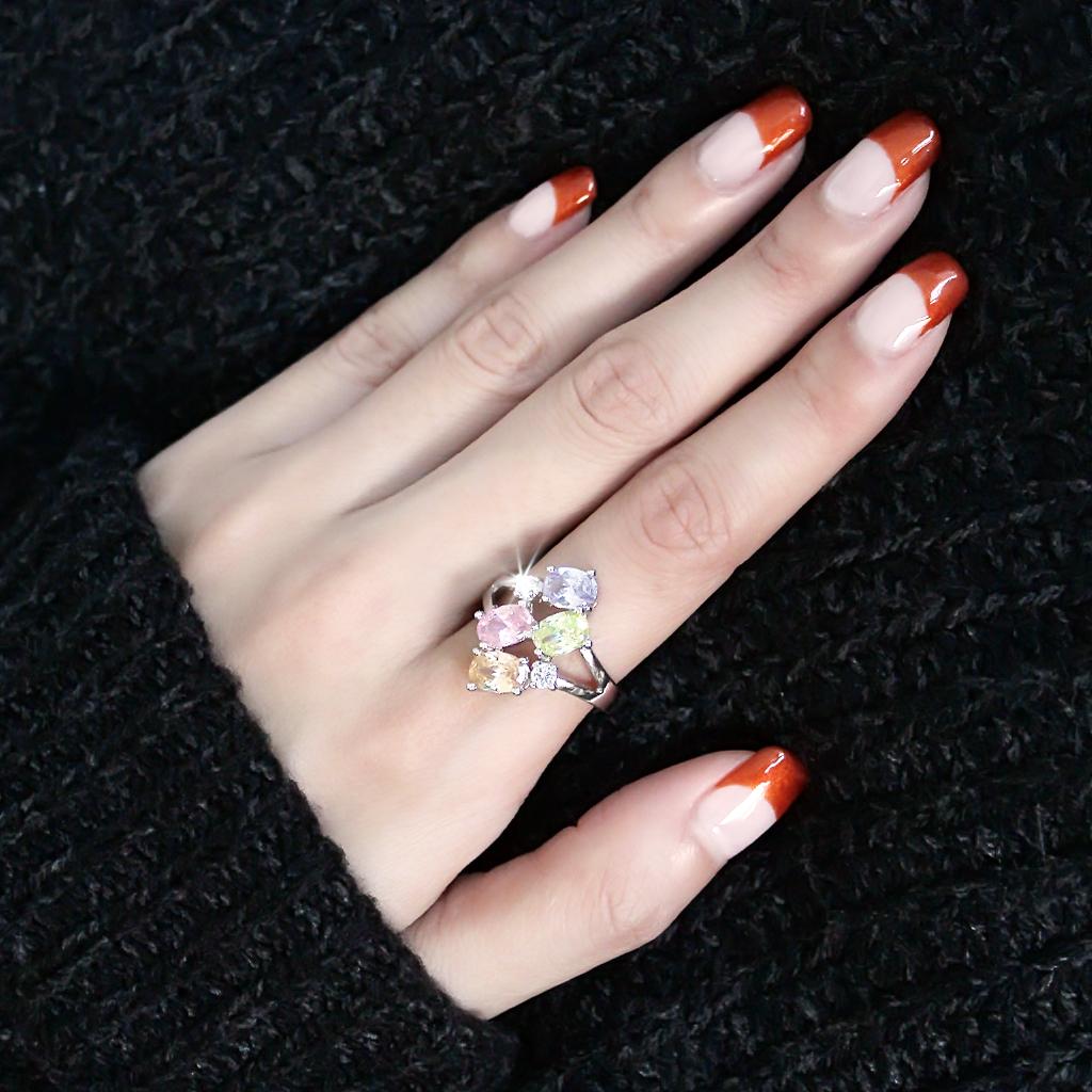 Jean Cocktail Ring featuring rhodium brass and multi-color AAA CZ stones, elegantly designed for stylish occasions.