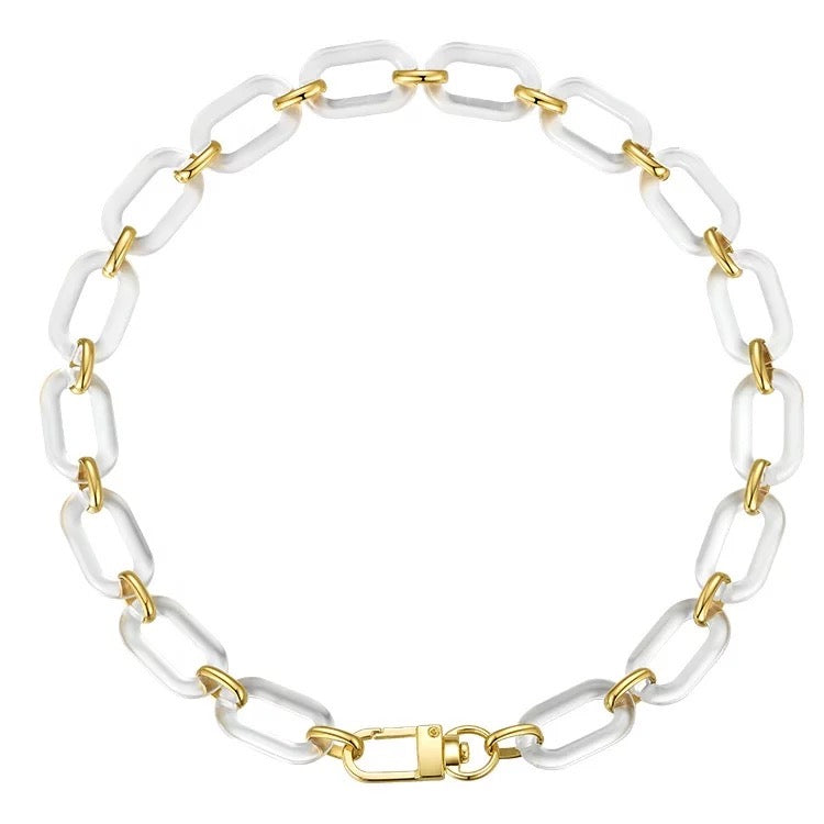 Jenna Acrylic Clear Necklace featuring clear acrylic links and 18k gold plated stainless steel chain, elegantly displayed.