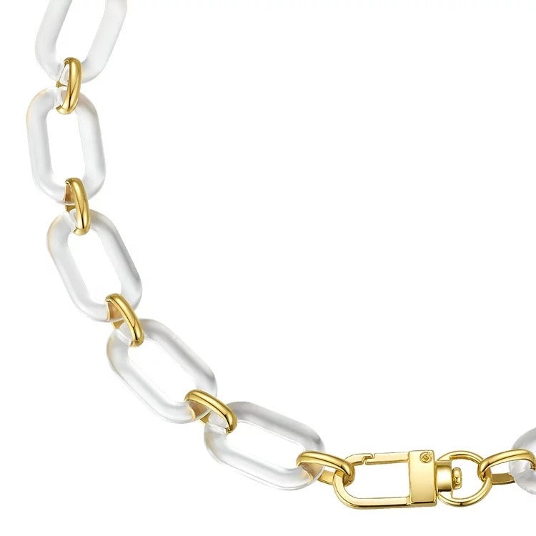 Jenna Acrylic Clear Necklace featuring clear acrylic links and 18k gold plated stainless steel chain, elegantly displayed.