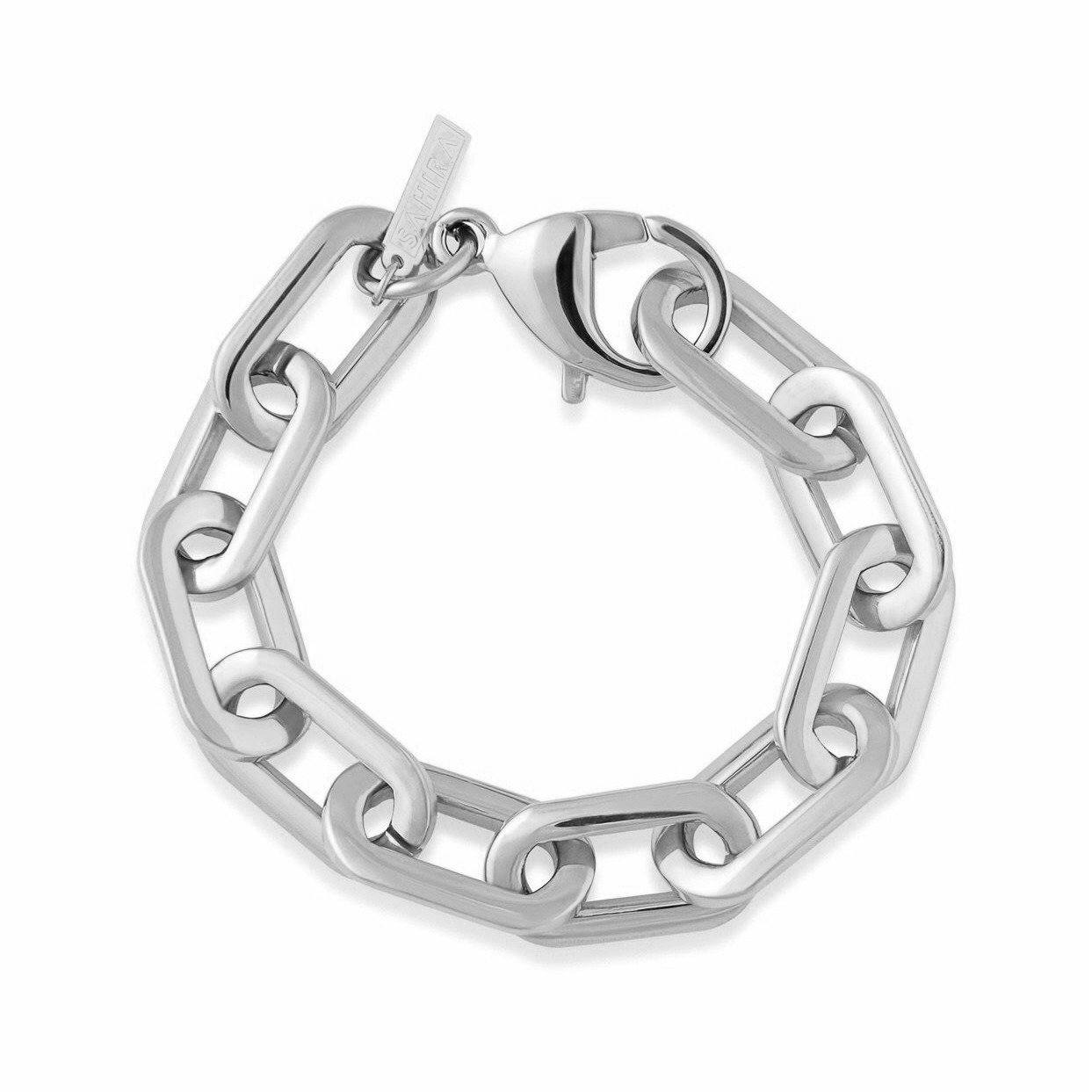 Jenna Link Bracelet featuring thick gold-plated links on a stainless steel base, showcasing its elegant design.