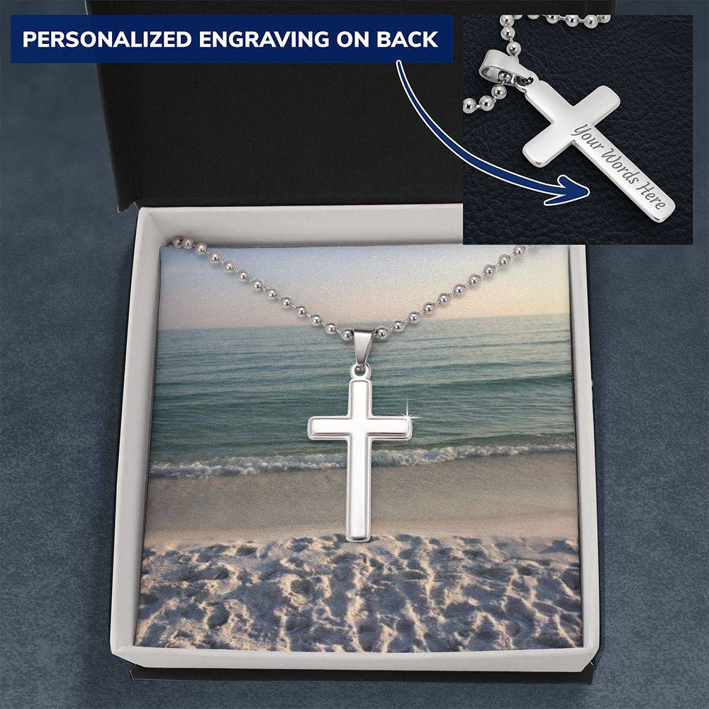 A polished stainless steel Jesus Christ Chain with a cross pendant, featuring a military-style ball chain and lobster clasp.