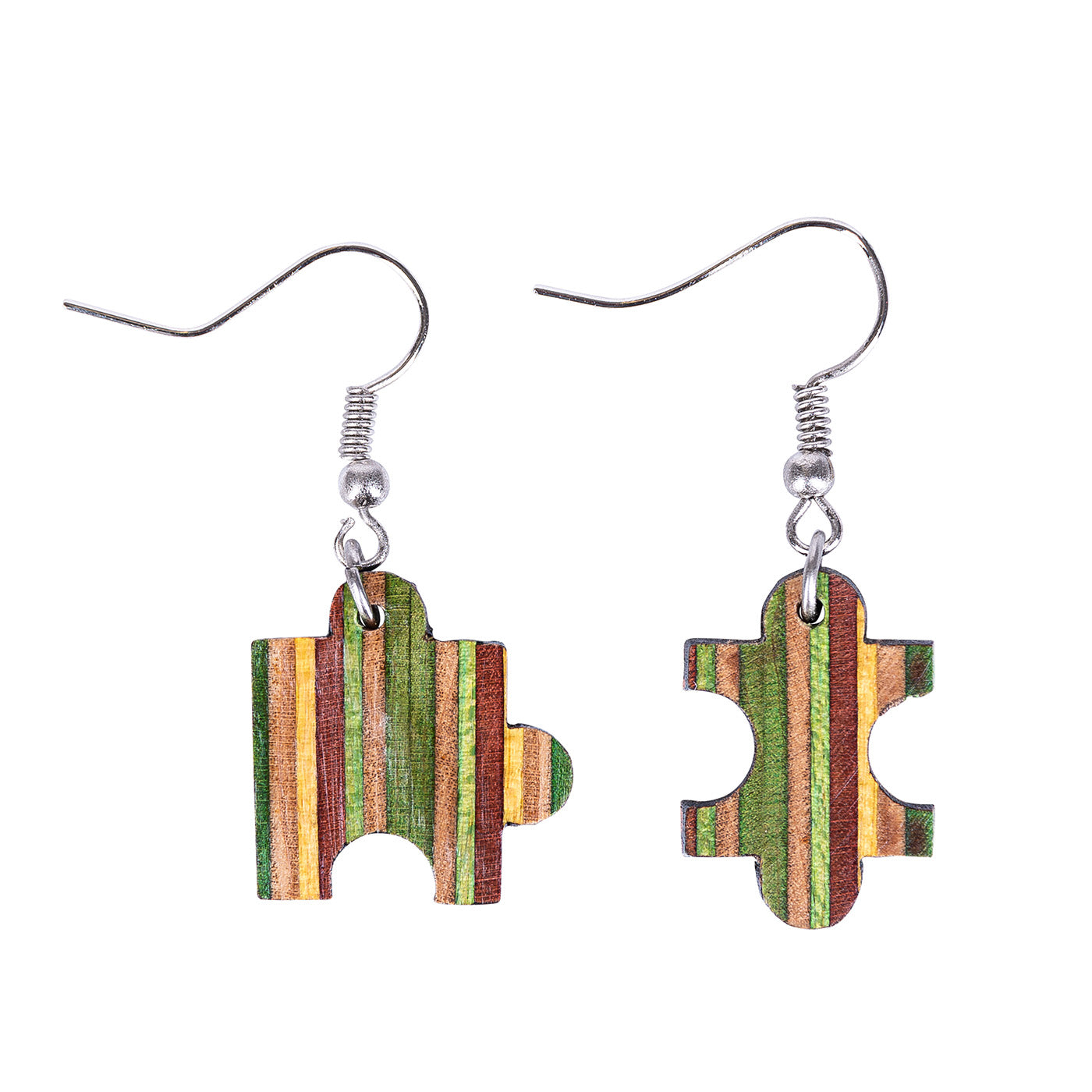 Colorful Jigsaw Recycled Skateboard Earrings handcrafted from salvaged skateboards, featuring unique patterns and lightweight design.