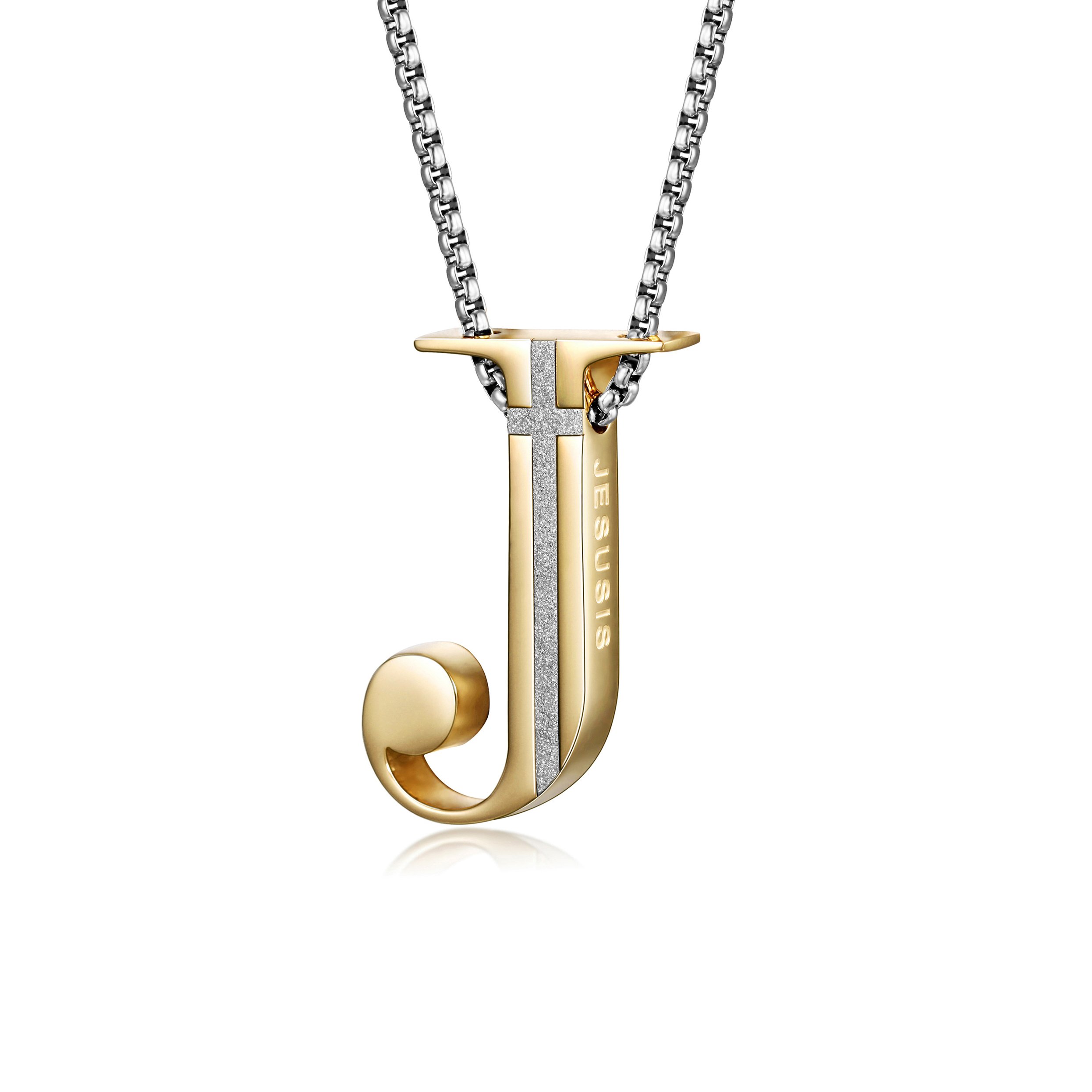 Elegant J-shaped pendant necklace made of 316L surgical stainless steel with 14K gold PVD plating.