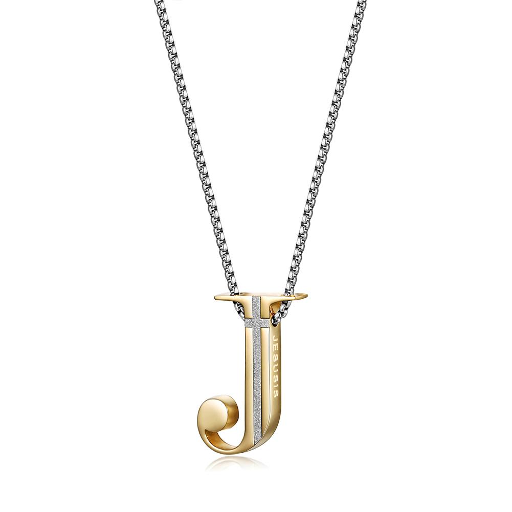 Elegant J-shaped pendant necklace made of 316L surgical stainless steel with 14K gold PVD plating.