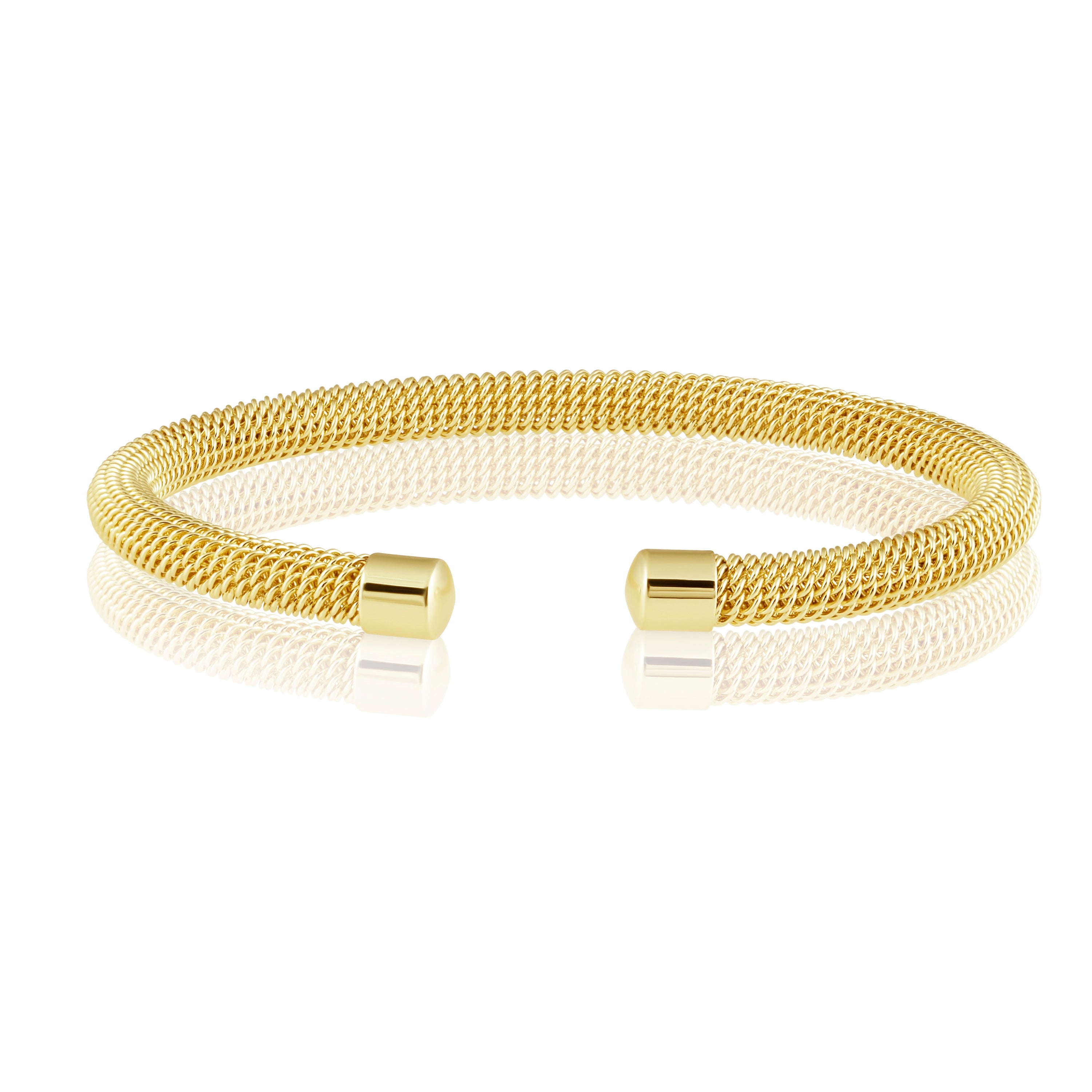 Juliette Cuff bracelet featuring unique mesh detailing in elegant silver and gold finishes.