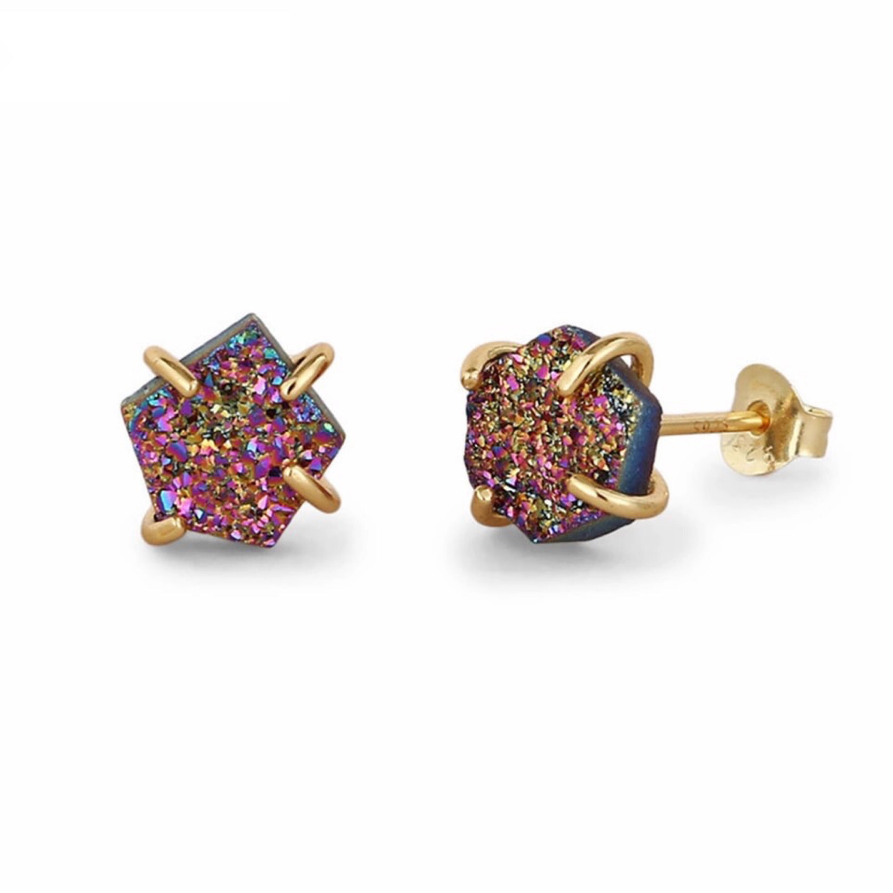 A pair of handmade druzy stud earrings featuring Sterling Silver and 24K gold plating, showcasing sparkling crystals in various colors.