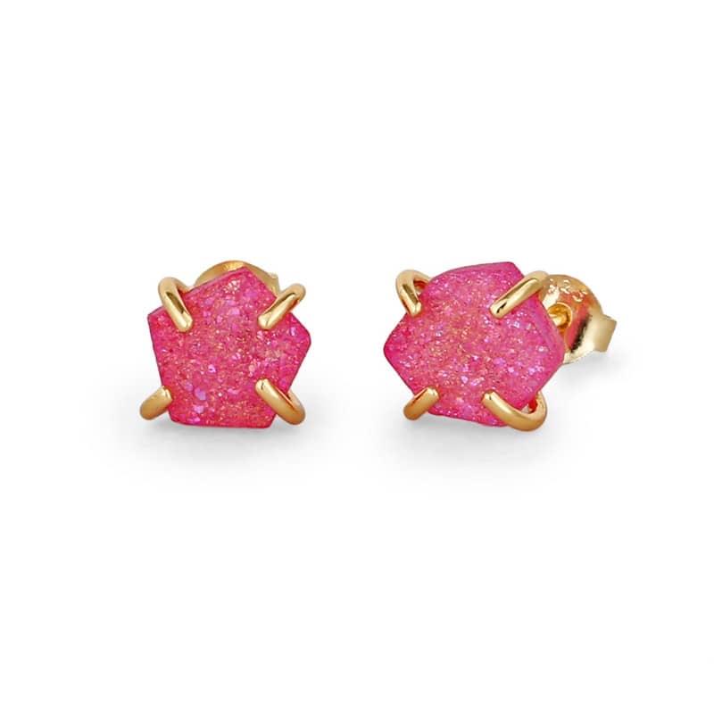 A pair of handmade druzy stud earrings featuring Sterling Silver and 24K gold plating, showcasing sparkling crystals in various colors.