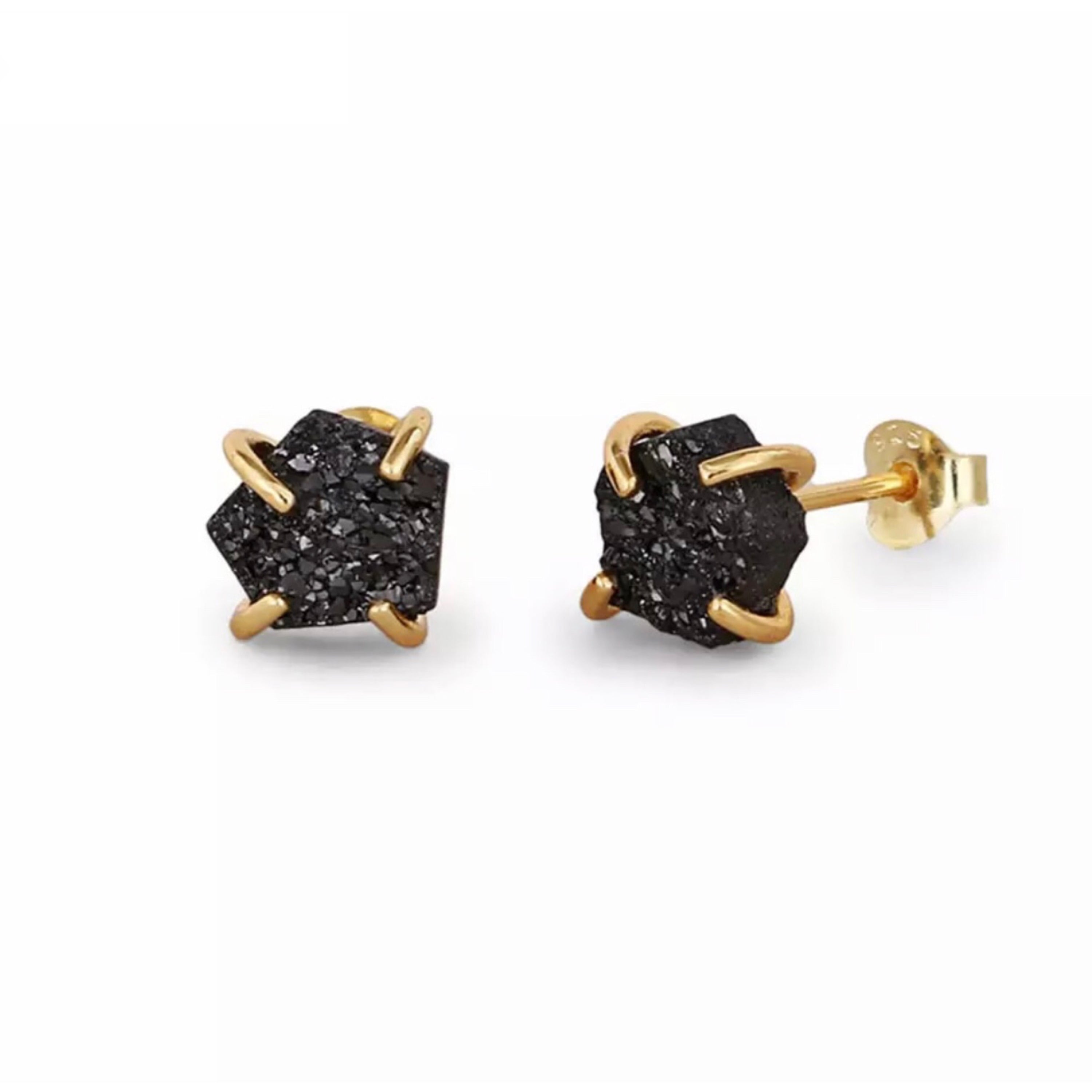 A pair of handmade druzy stud earrings featuring Sterling Silver and 24K gold plating, showcasing sparkling crystals in various colors.