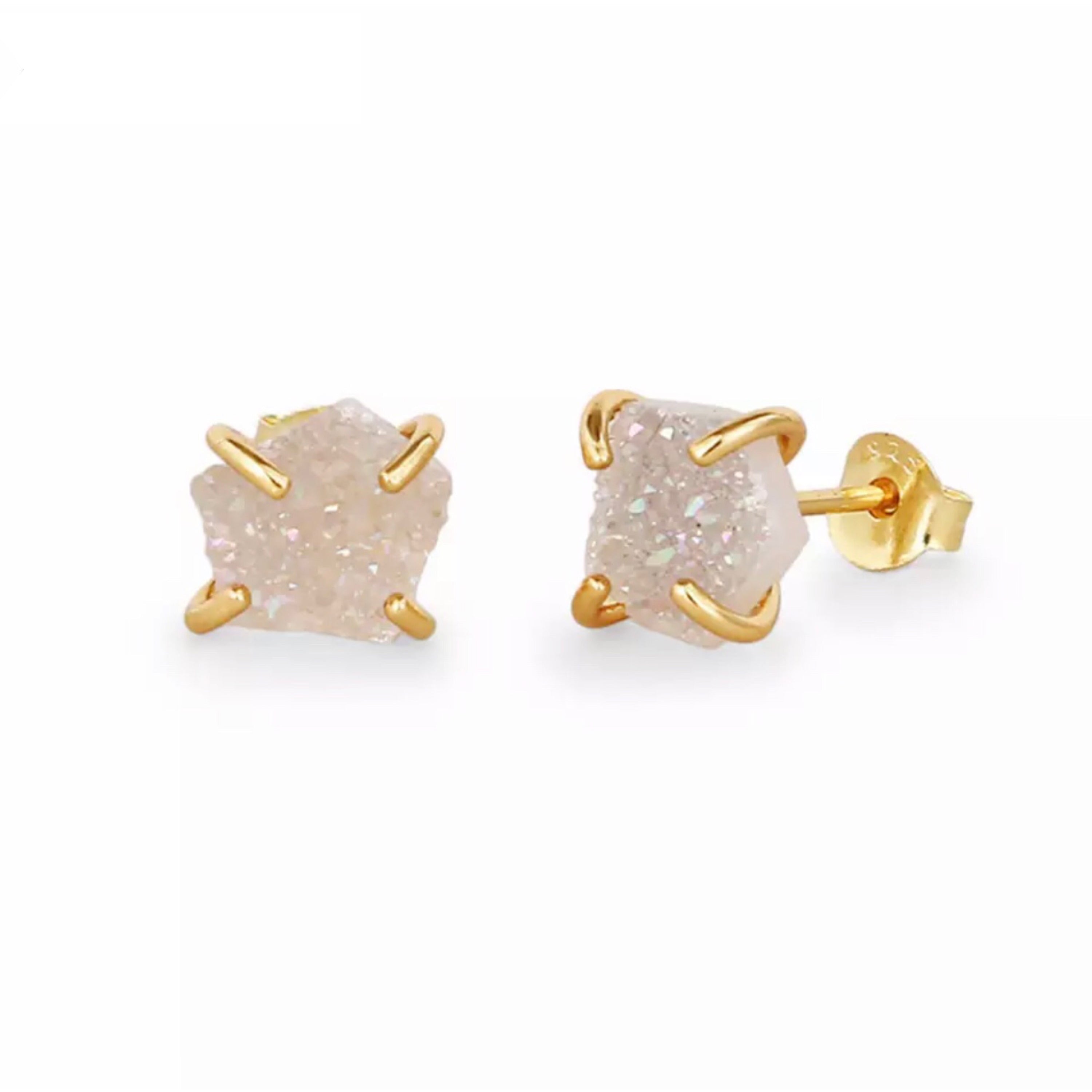 A pair of handmade druzy stud earrings featuring Sterling Silver and 24K gold plating, showcasing sparkling crystals in various colors.