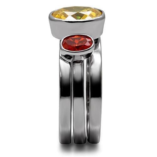 Kaela Cocktail Ring featuring multi-color AAA CZ stones set in high polished stainless steel, showcasing a vibrant and elegant design.