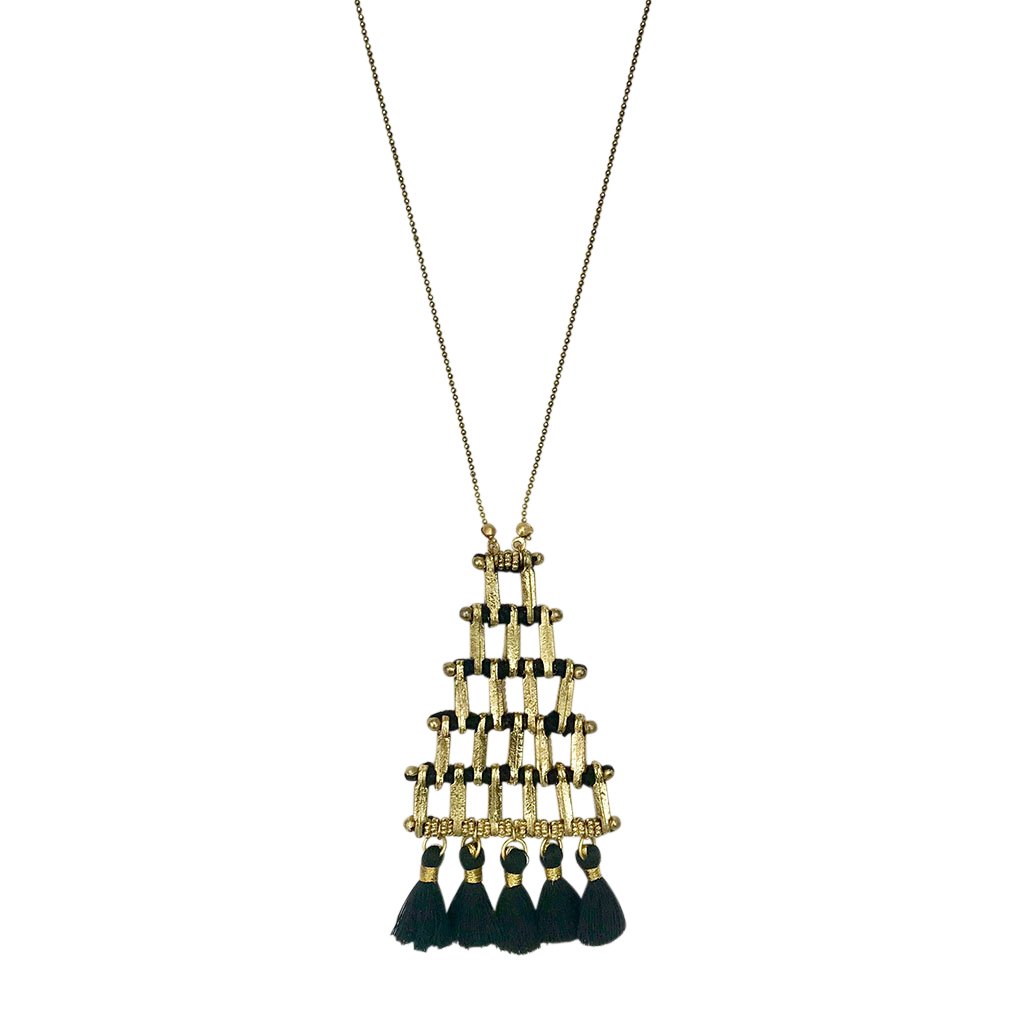 A stylish Kai Pyramid Necklace featuring a bold pyramid pendant, crafted from zinc alloy and cotton tassels, perfect for any outfit.