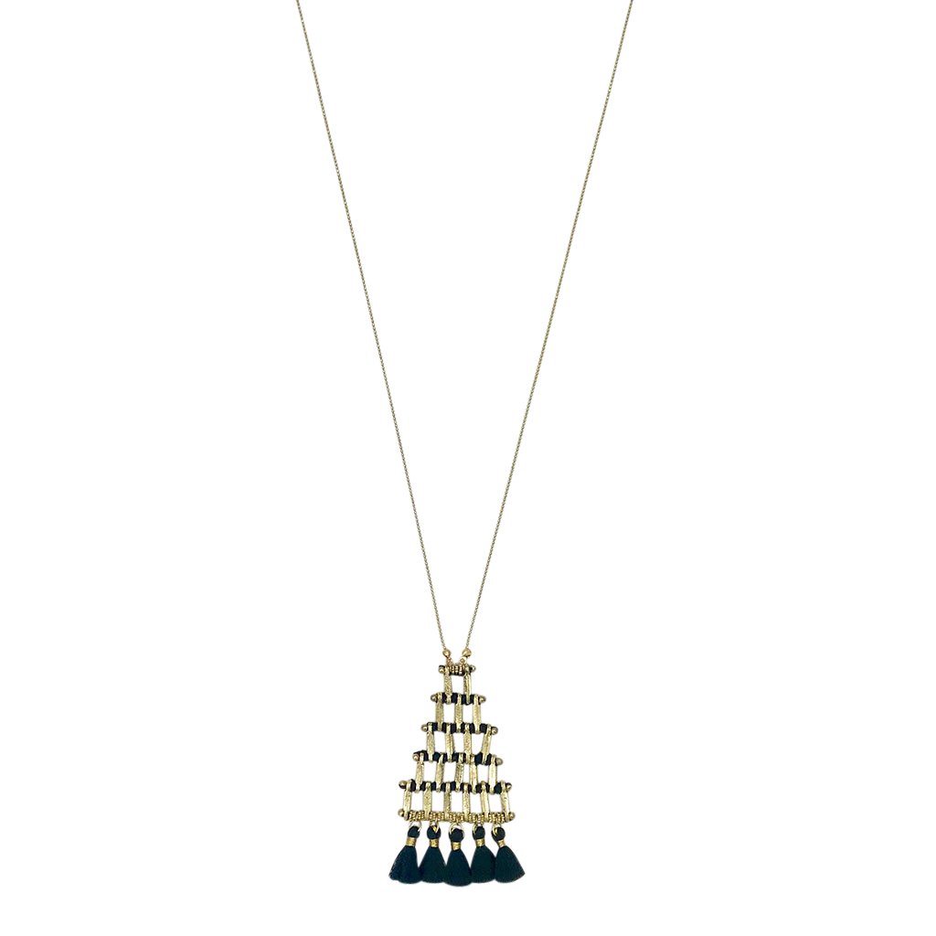 A stylish Kai Pyramid Necklace featuring a bold pyramid pendant, crafted from zinc alloy and cotton tassels, perfect for any outfit.