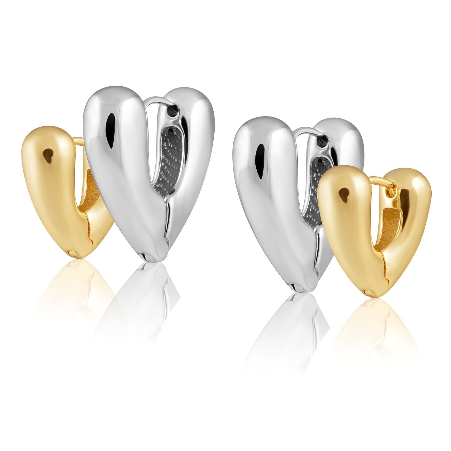 Kaia Huggie Set featuring silver and gold two-tone earrings, elegantly designed for stylish wear.