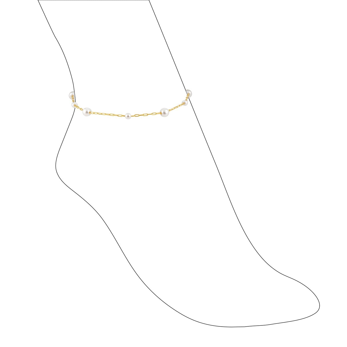 Kalani Pearl Anklet featuring an 18k gold plated chain adorned with mini pearls, showcasing a beachy yet elegant design.