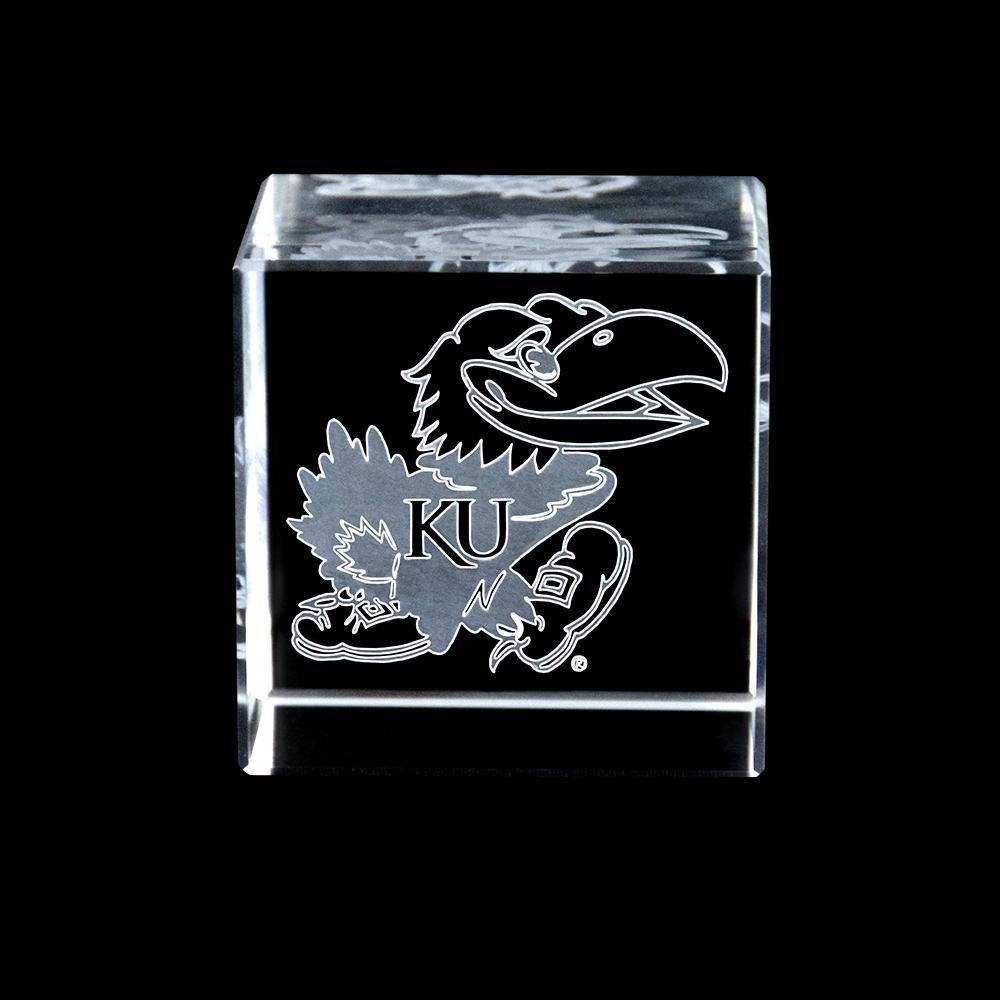 Kansas Jayhawks Crystal Cube showcasing the Jayhawks logo in a pristine optical crystal design.