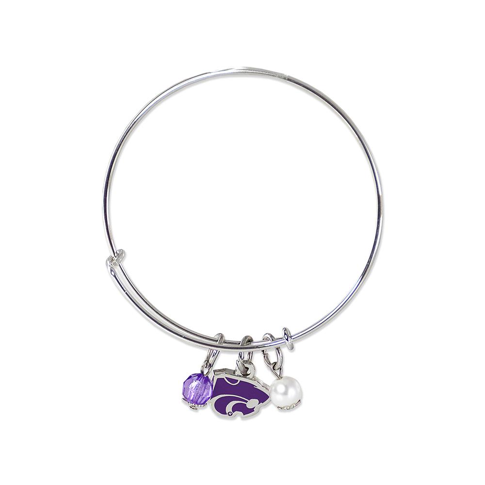 Kansas State University Wildcats Charm Bangle Bracelet featuring logo charm, purple rhinestone, and white imitation pearl.