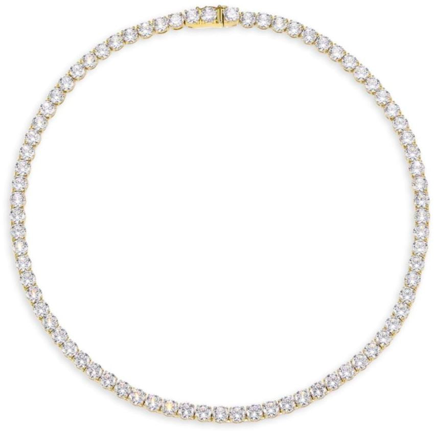 Karla Tennis Necklace featuring 3mm zirconia stones in yellow gold and rhodium plating, elegantly displayed.