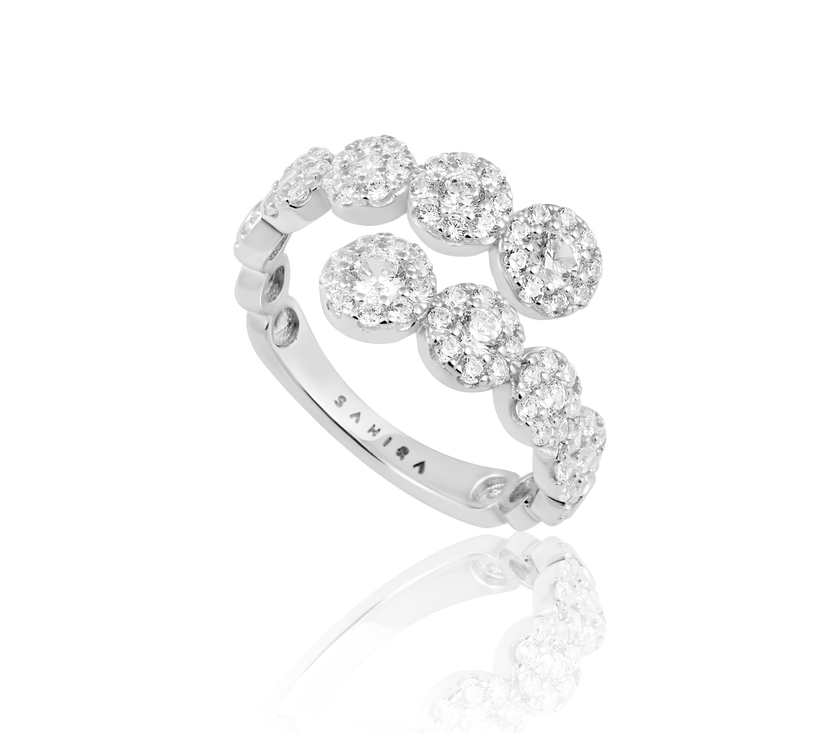 Katya CZ Wrap Ring featuring a unique wrap design with sparkling cubic zirconia stones, available in sizes 7, 8, and 9.