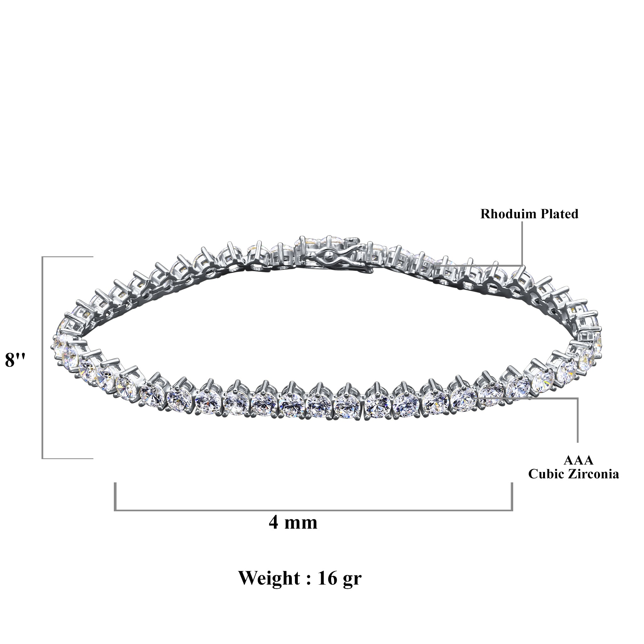 KAUNIS 4MM Bracelet featuring 925 Sterling Silver and sparkling Cubic Zirconia stones, elegantly designed for any occasion.