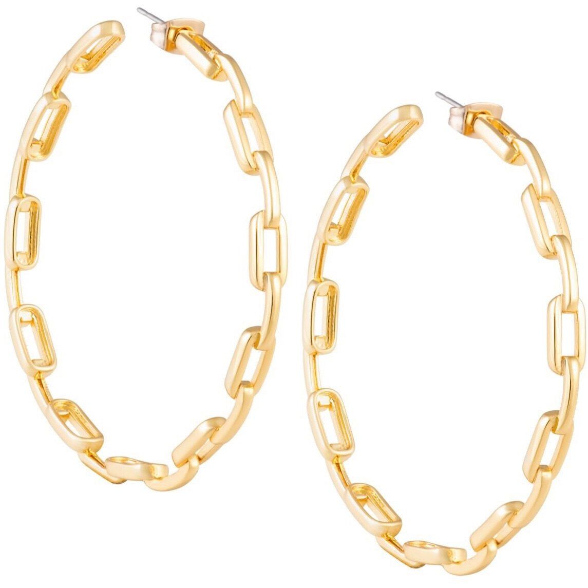 Kaye Link Hoops featuring a modern link design, 18k gold plated finish, and hypoallergenic material, measuring 2 inches in diameter.