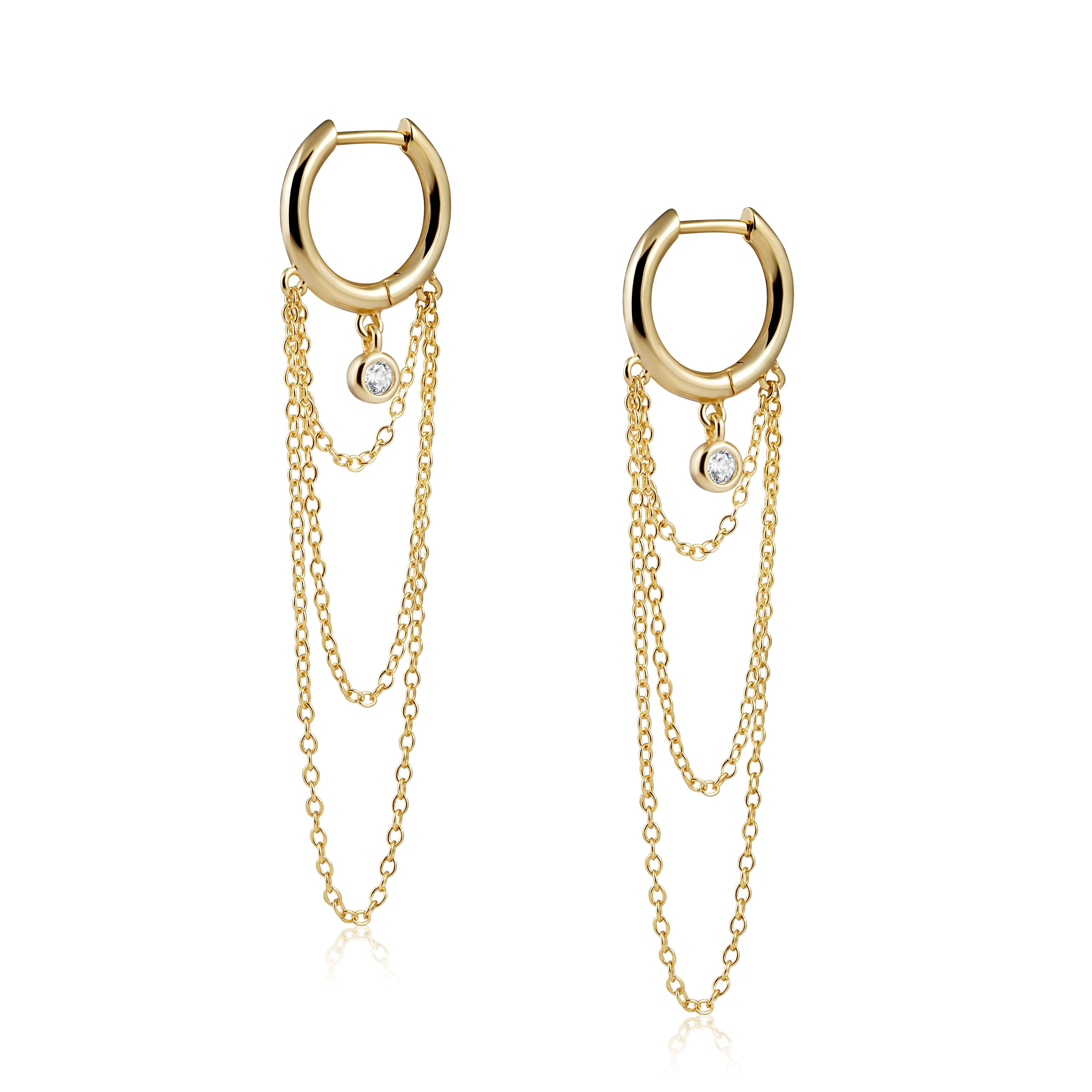 Stylish Kayla Hoop earrings featuring 14k gold plating over sterling silver, showcasing a 12mm hoop and 1 1/2 inch drop.