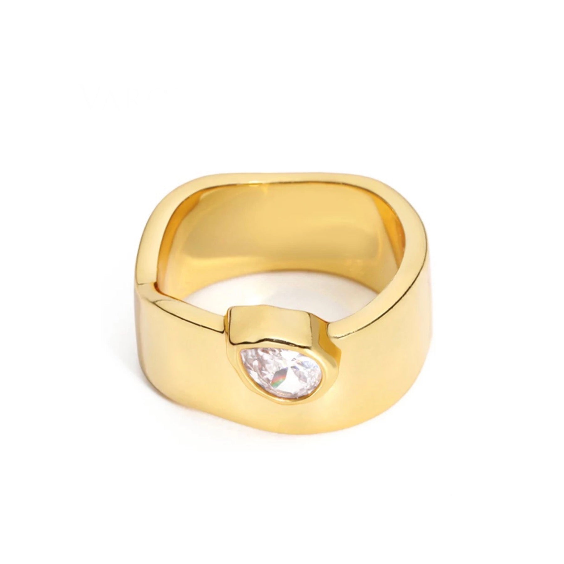 Kiara Band Ring featuring a central cz tear drop, elegantly designed with a 9 mm width, perfect for stylish occasions.