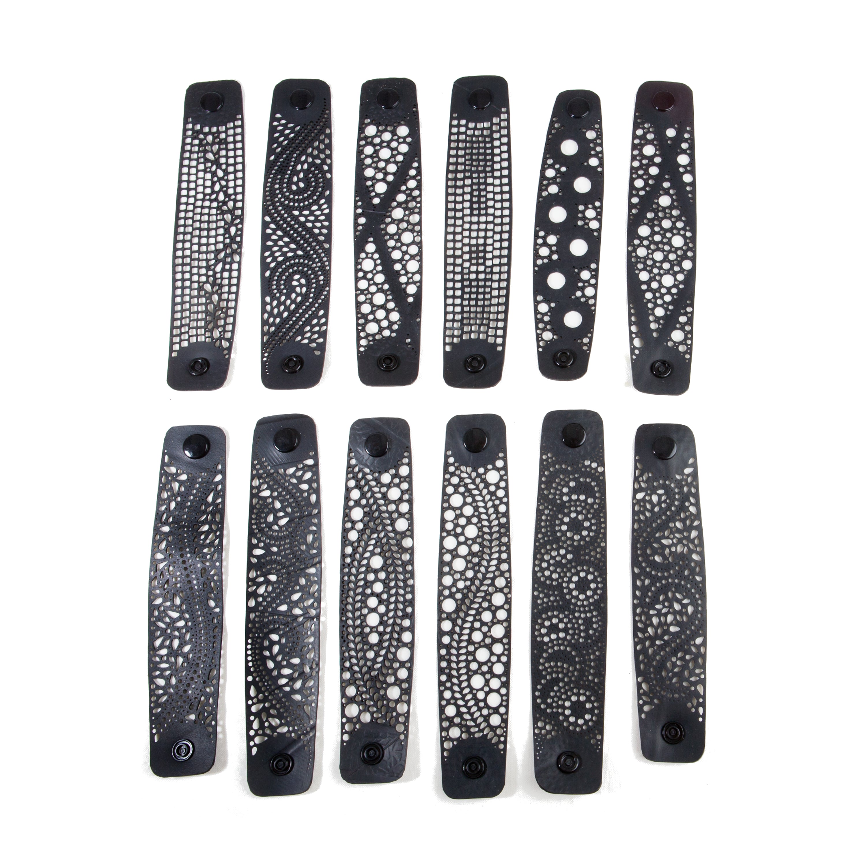 Kiky Unique Recycled Rubber Bracelet showcasing unique graphic patterns and eco-friendly materials.