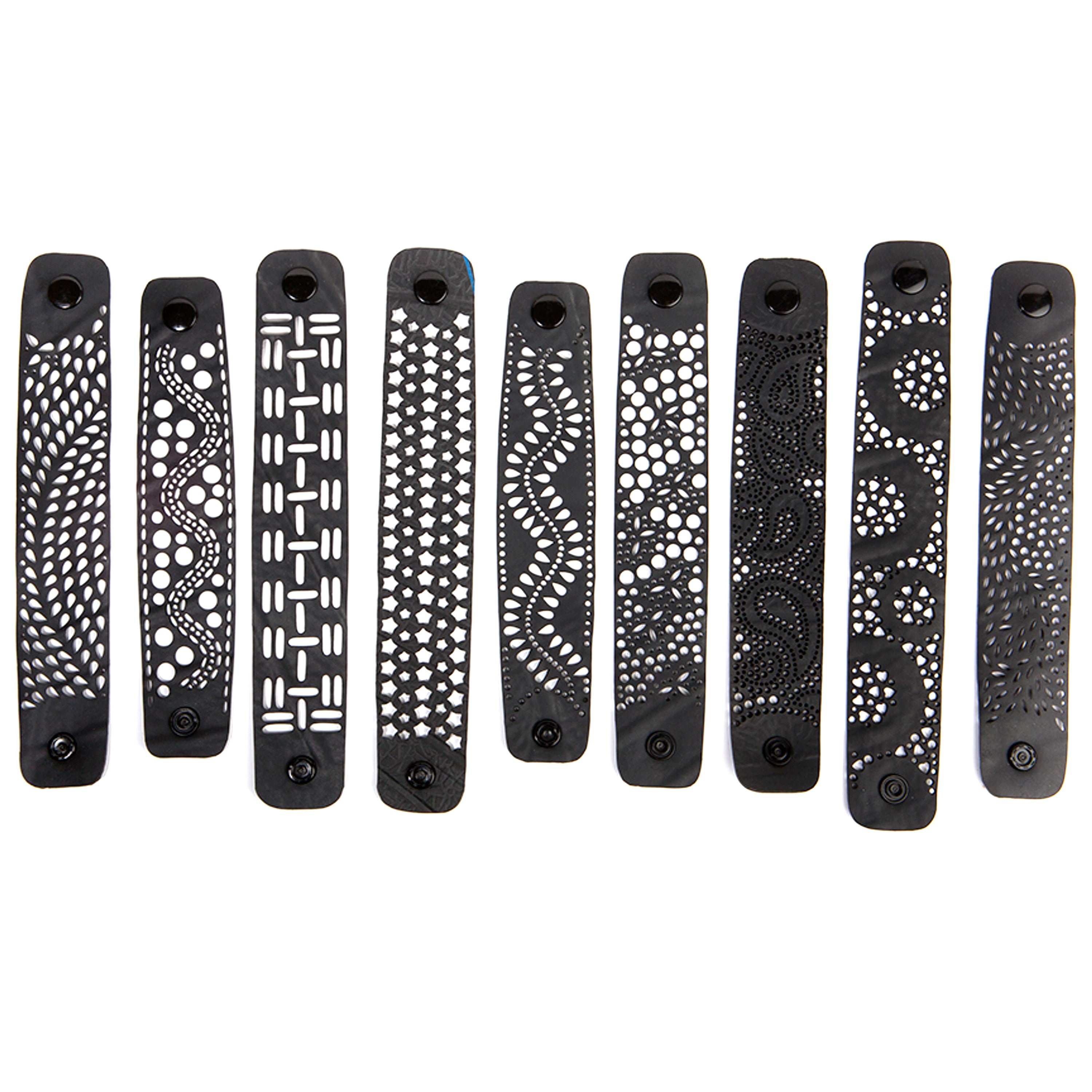 Kiky Unique Recycled Rubber Bracelet showcasing unique graphic patterns and eco-friendly materials.