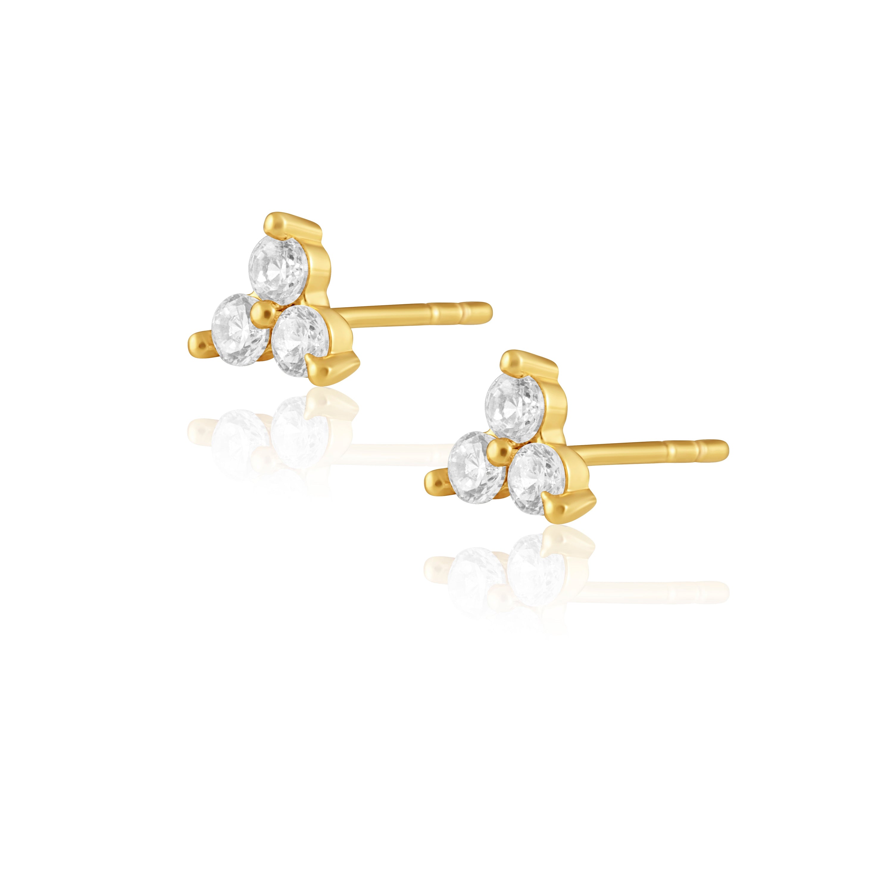 Kira Studs featuring three cubic zirconia stones set in 18k gold plated stainless steel, perfect for everyday elegance.