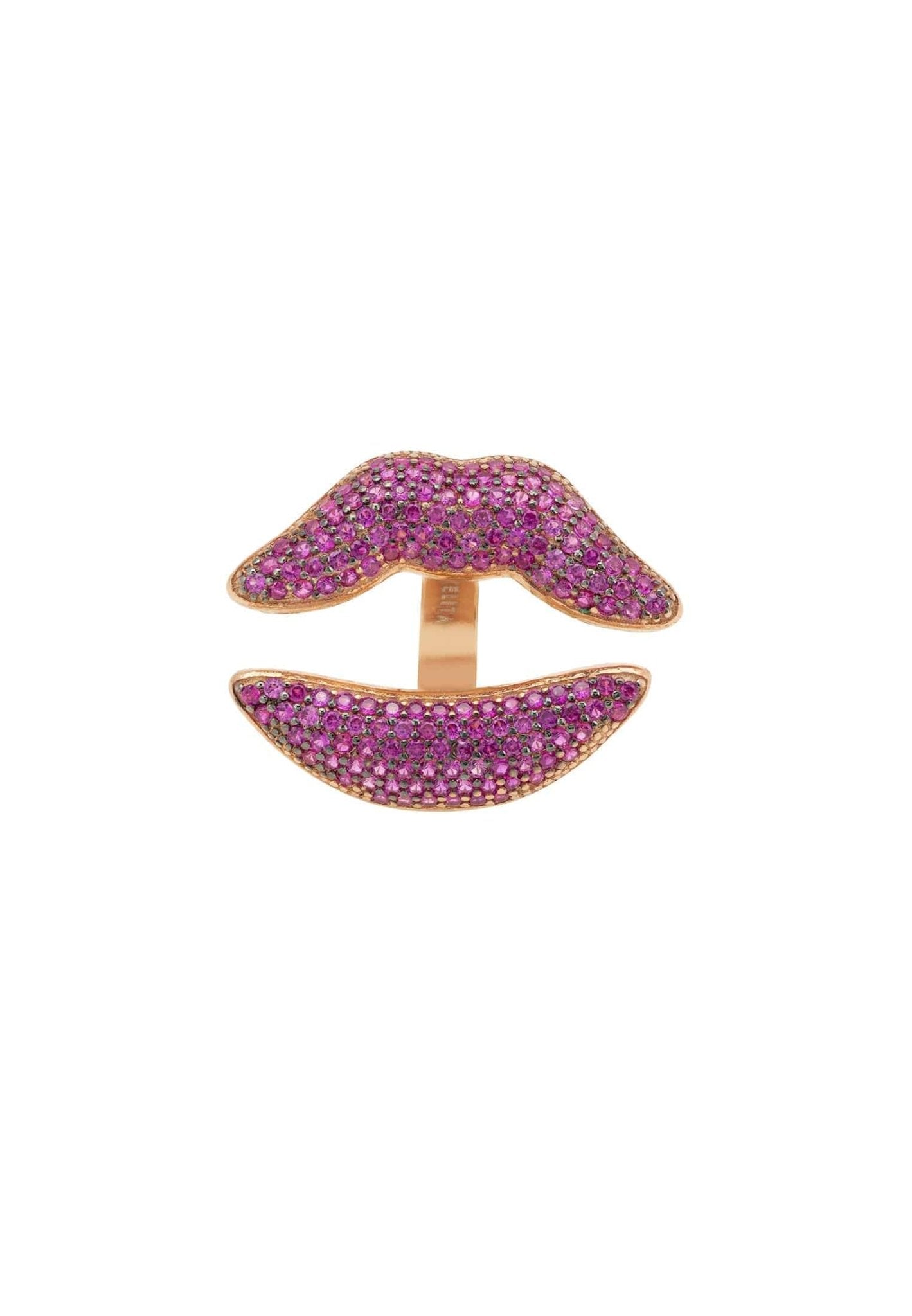 Kiss Me Lips Ring in Rosegold featuring playful lip design with pink-red cubic zirconia on 925 sterling silver.