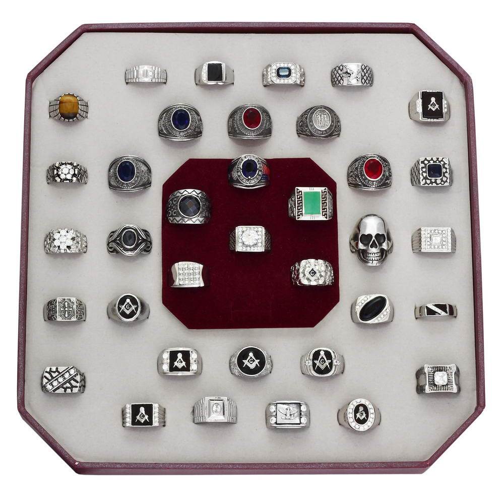 KIT-A-Size10 high polished stainless steel kits with assorted center stones, showcasing a sleek and shiny finish.