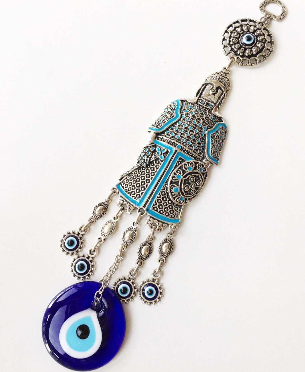 Handmade Knight Evil Eye Wall Hanging featuring vibrant glass evil eyes and metal symbols for luck and protection.