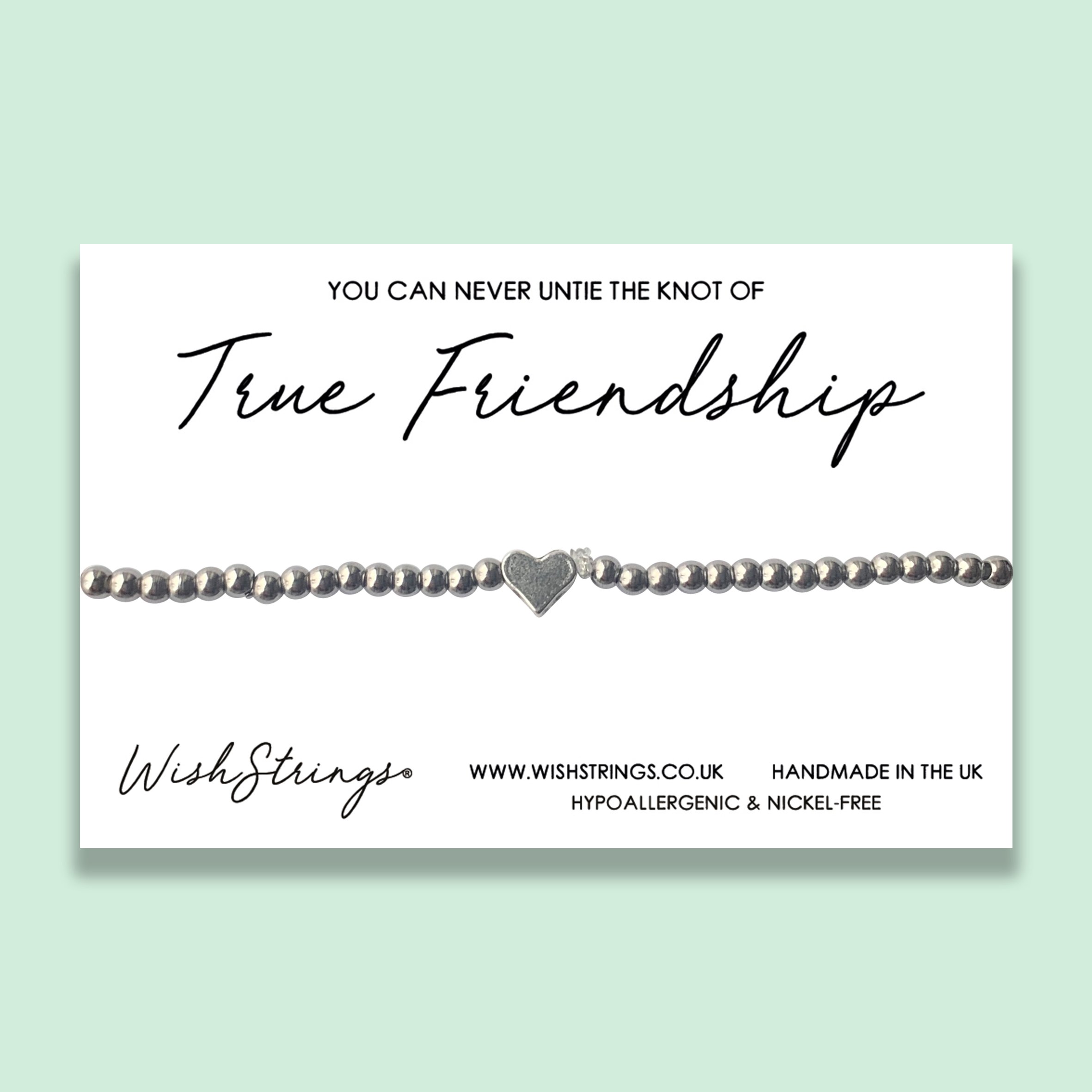 KNOT TRUE FRIENDSHIP bracelet by WishStrings, handmade in the UK, featuring a beaded stretch design on a gift card.