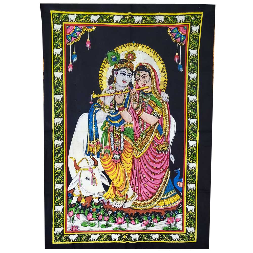 Aesthetic black wall art featuring handpainted Krishna with sequin applique embroidery, perfect for meditation and spiritual decor.