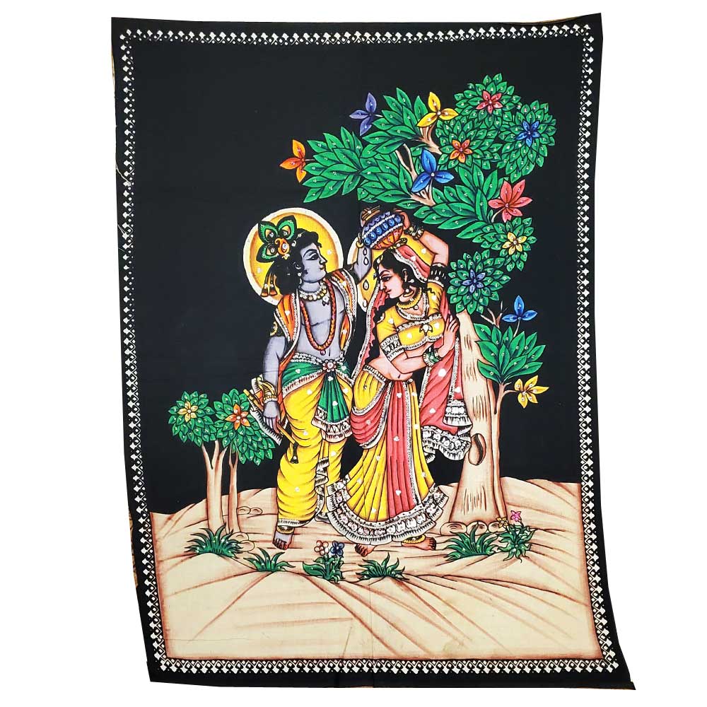 Aesthetic black wall art featuring handpainted Krishna with sequin applique embroidery, perfect for meditation and spiritual decor.