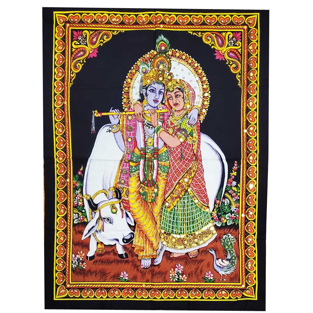 Aesthetic black wall art featuring handpainted Krishna with sequin applique embroidery, perfect for meditation and spiritual decor.