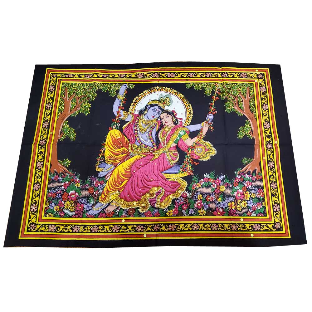 Aesthetic black wall art featuring handpainted Krishna with sequin applique embroidery, perfect for meditation and spiritual decor.