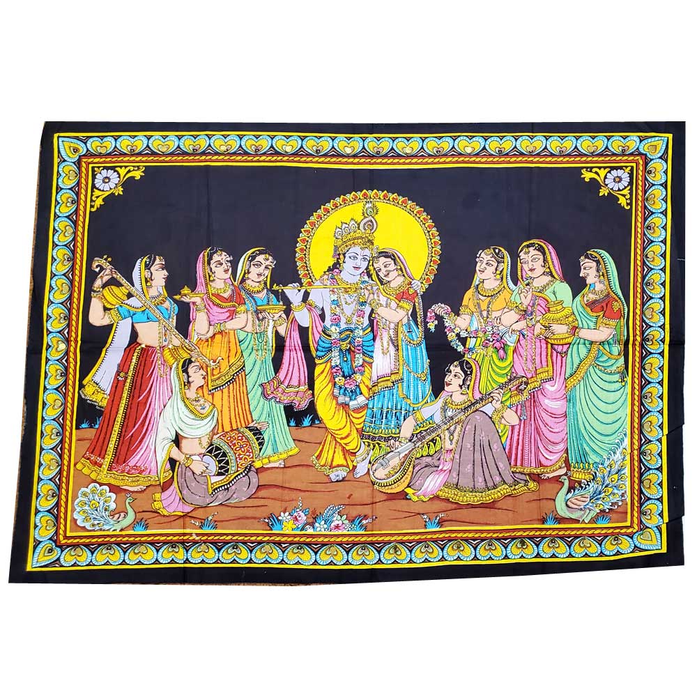 Aesthetic black wall art featuring handpainted Krishna with sequin applique embroidery, perfect for meditation and spiritual decor.