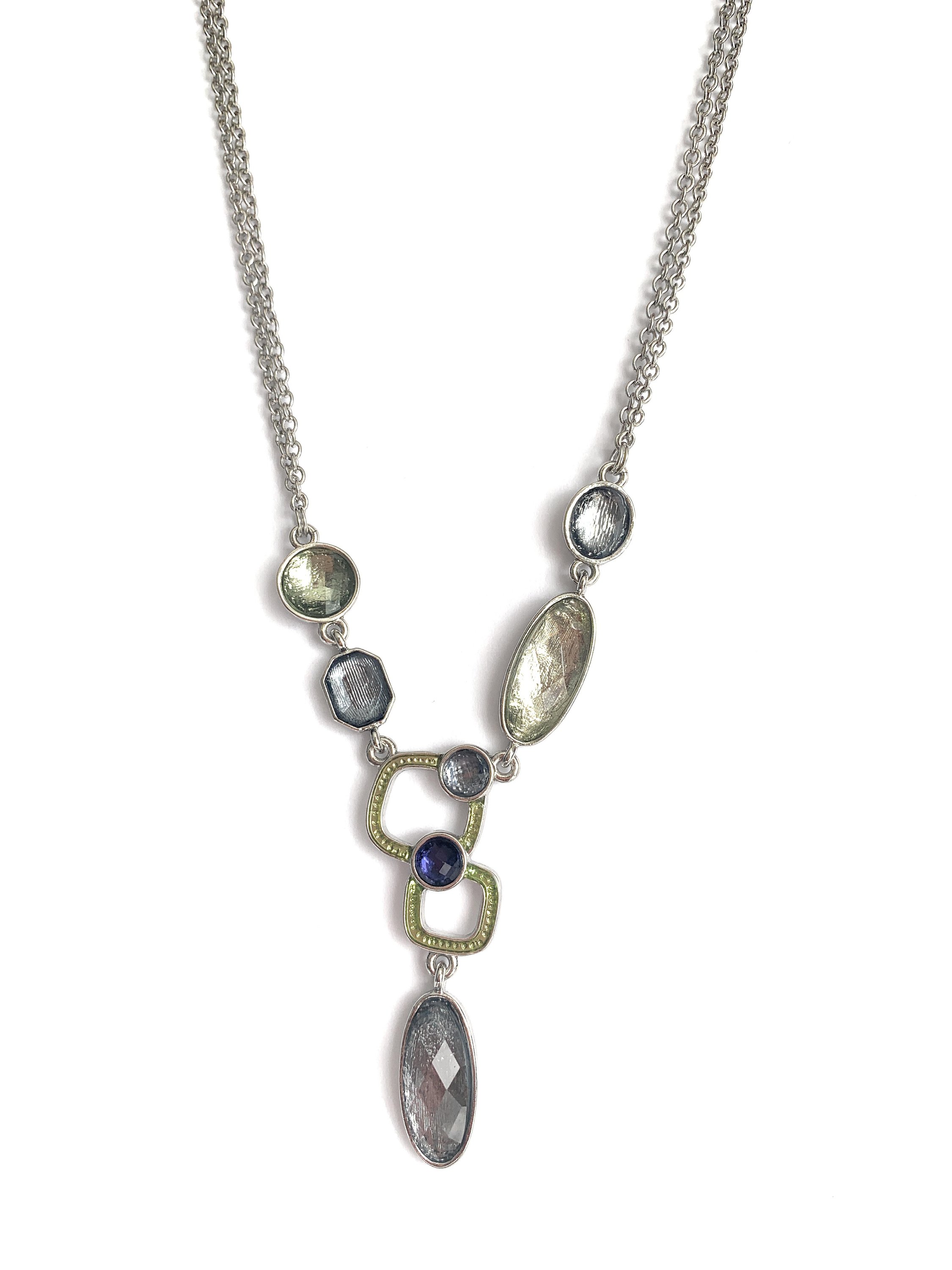 Kristin Statement Necklace featuring colorful crystals and a silver snack chain design, elegantly displayed in a gift box.