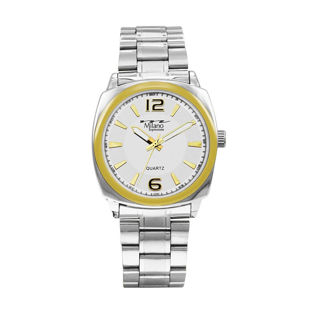 Kulpmont M Milano Expressions Silver Metal Band Watch featuring a gold case and silver dial.