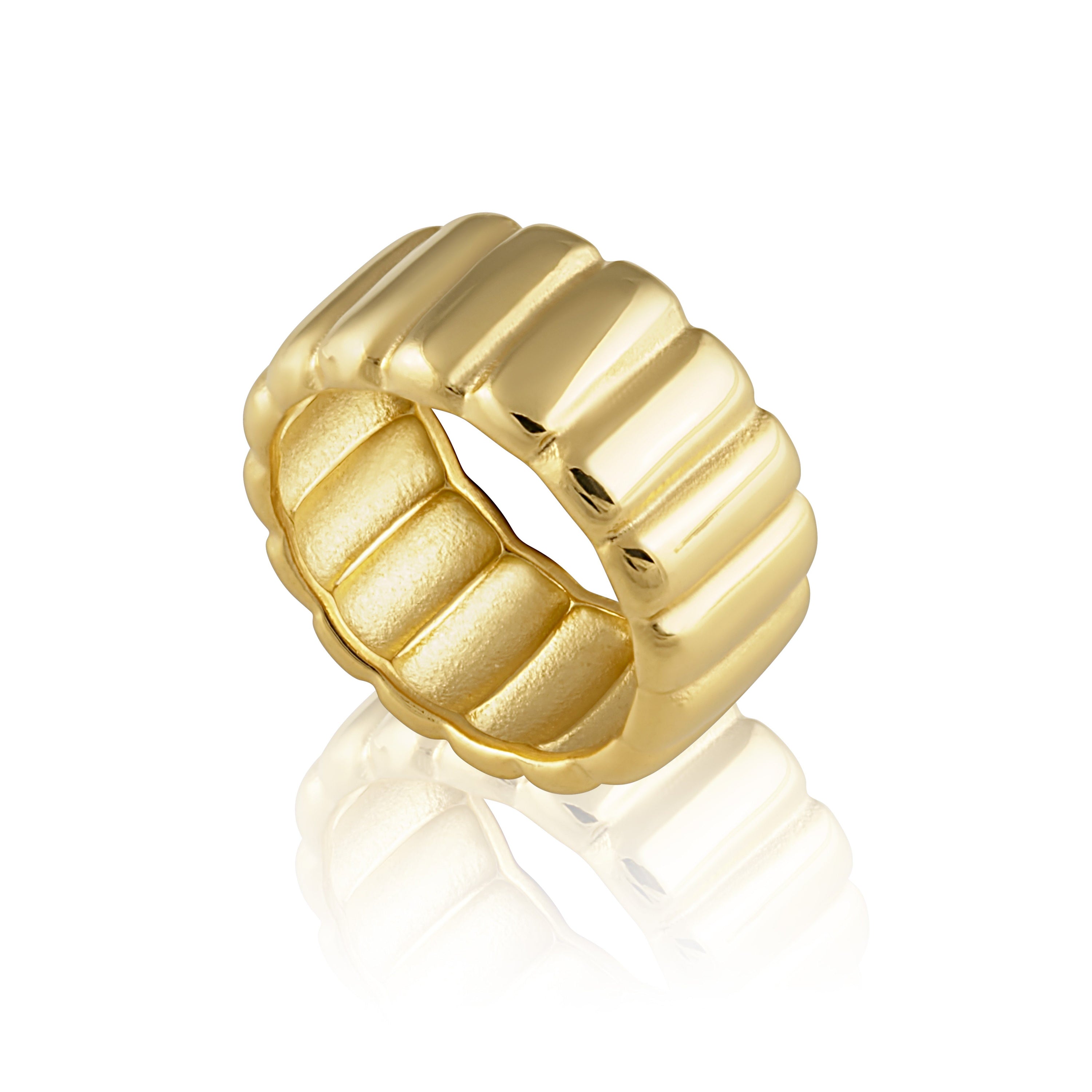 Kyle Band Ring featuring 18k gold plating over stainless steel, showcasing a sleek and modern design.