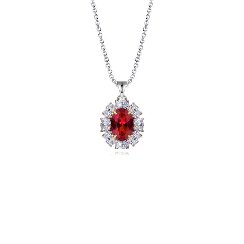 Elegant lab created ruby necklace in 925 sterling silver with cubic zirconia accents, showcasing a vibrant ruby pendant.