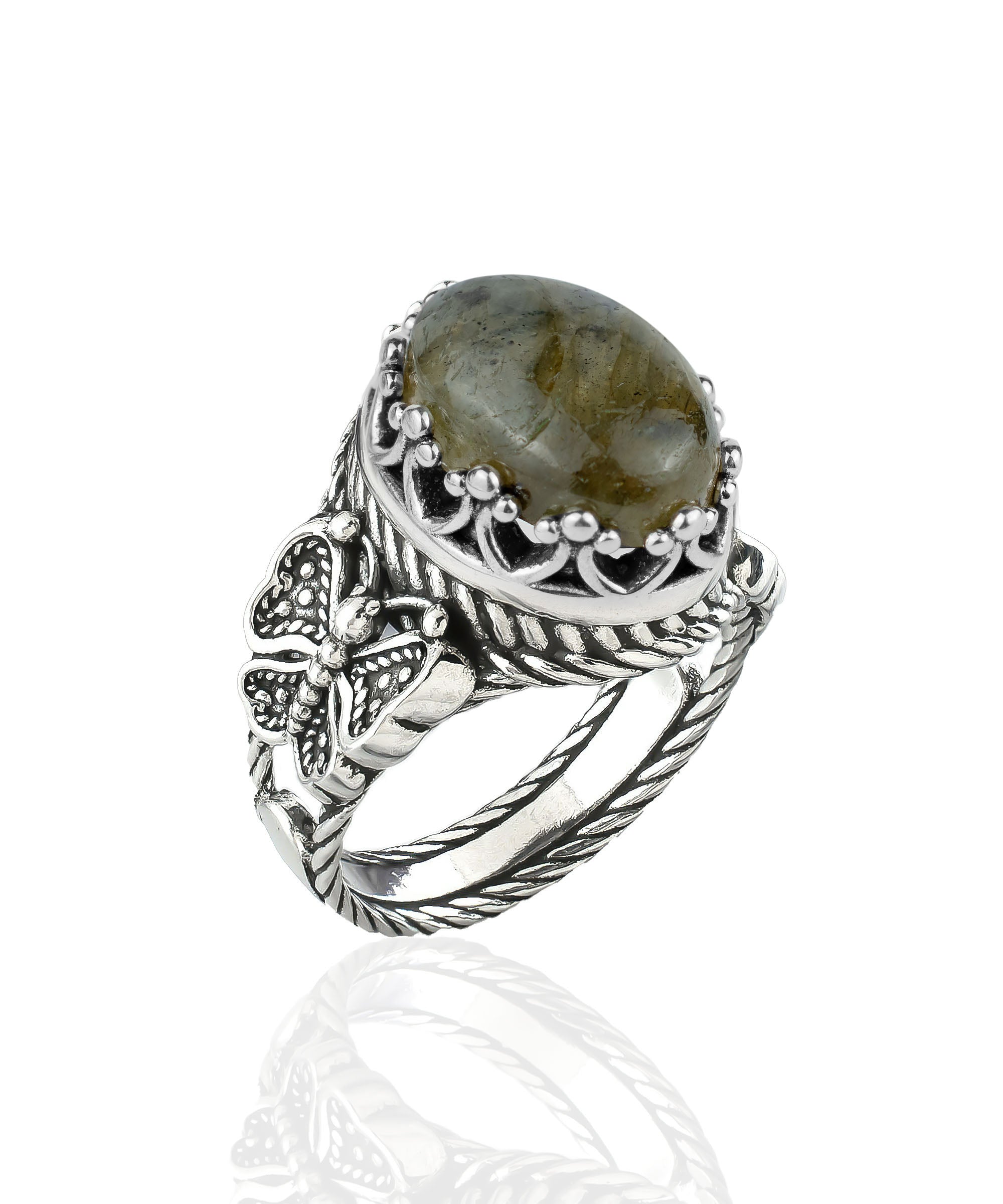 Elegant Labradorite Gemstone Filigree Art Double Butterfly Ring made of 925 sterling silver with intricate detailing.