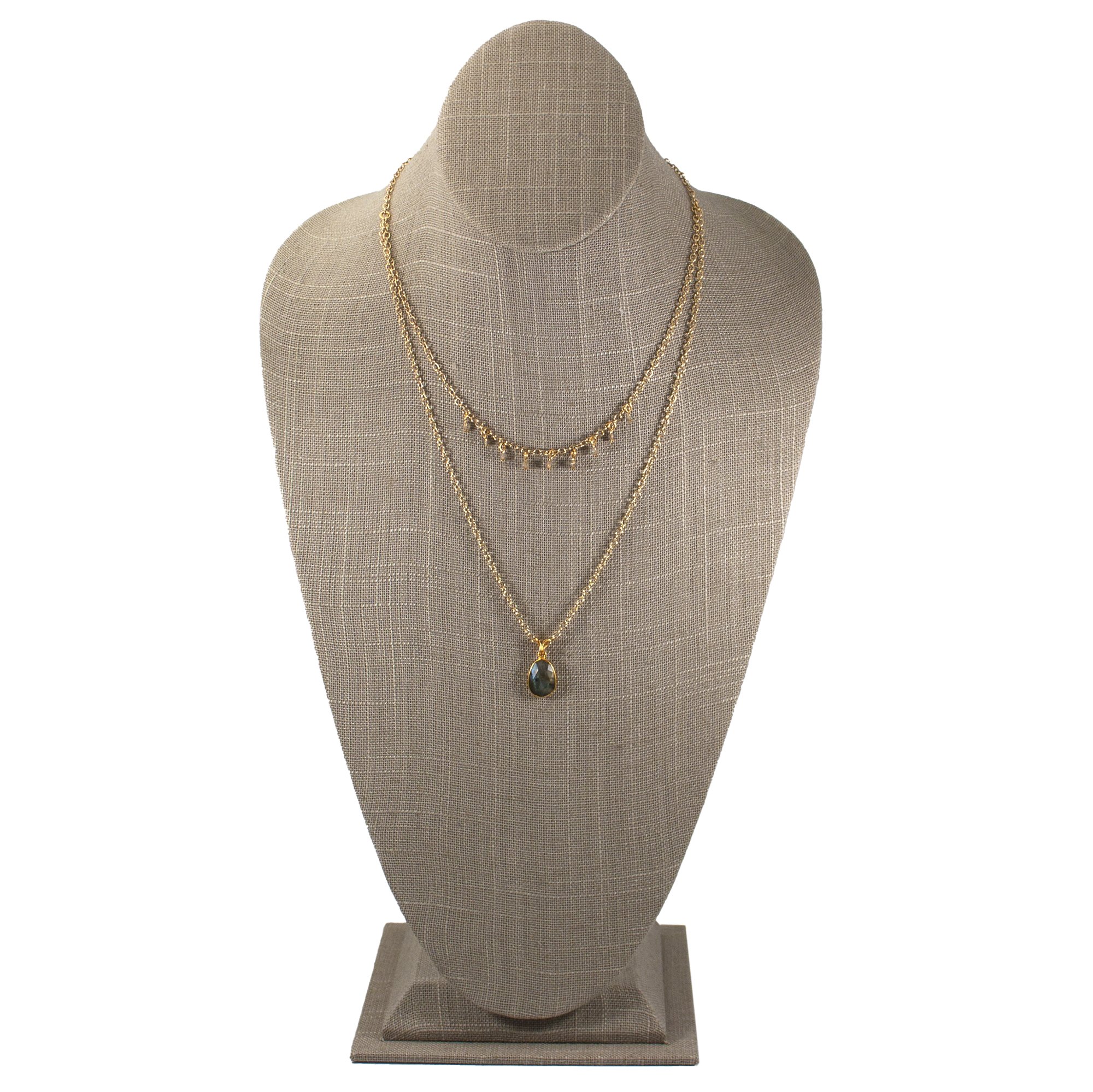 Labradorite Layered Pendant and Beads Necklace featuring stunning labradorescence and gold-plated accents, elegantly displayed on a soft background.