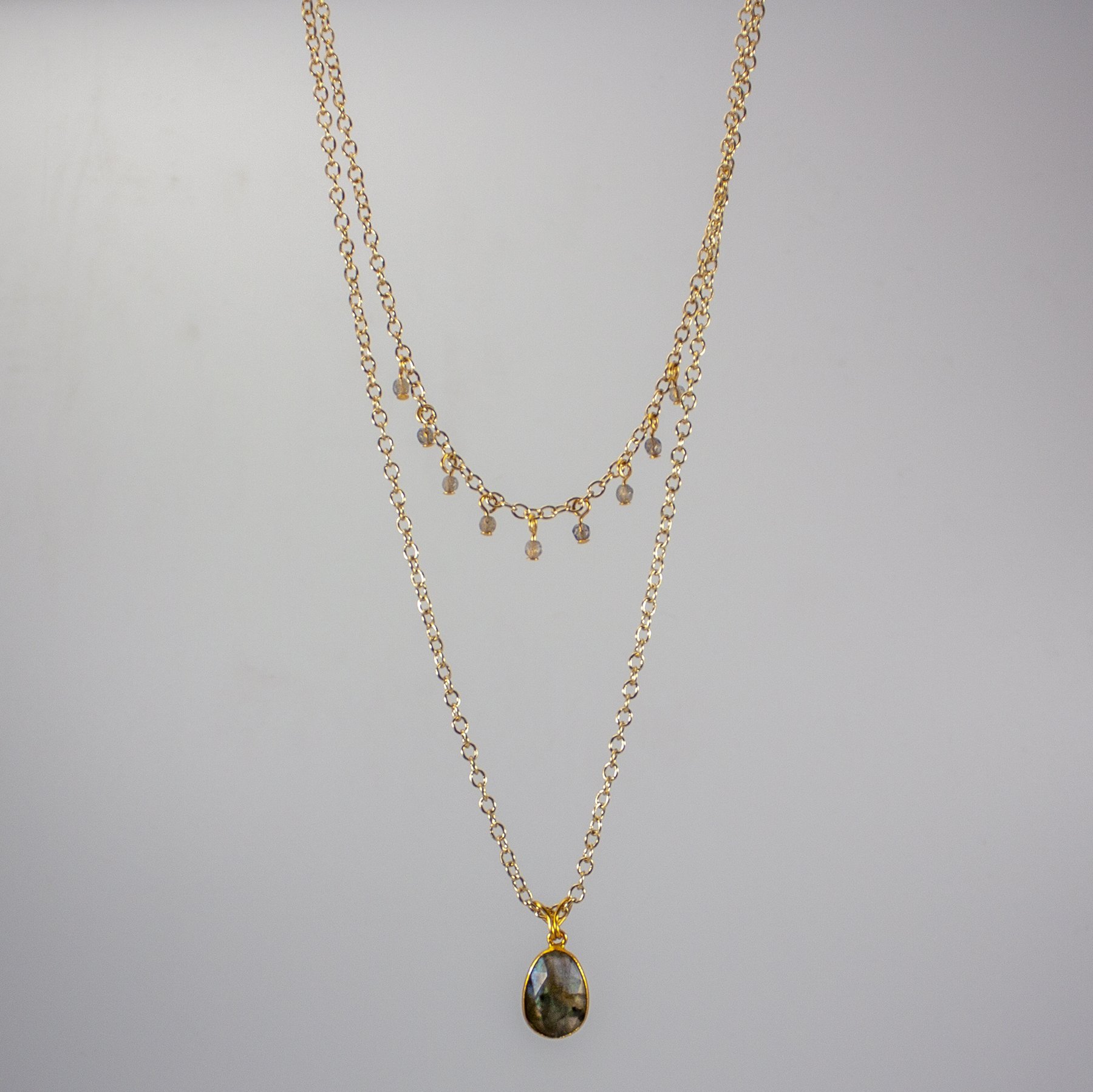 Labradorite Layered Pendant and Beads Necklace featuring stunning labradorescence and gold-plated accents, elegantly displayed on a soft background.