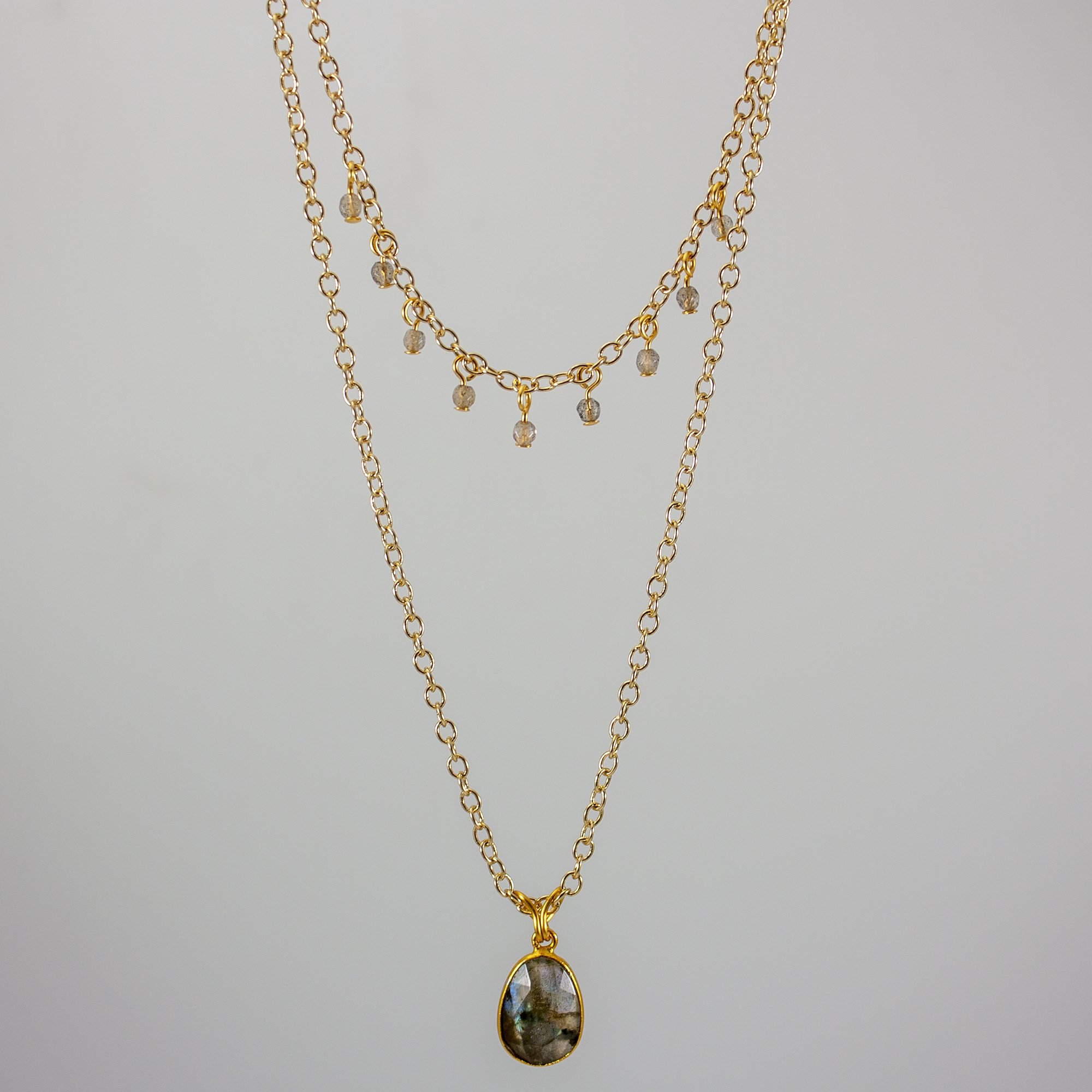 Labradorite Layered Pendant and Beads Necklace featuring stunning labradorescence and gold-plated accents, elegantly displayed on a soft background.